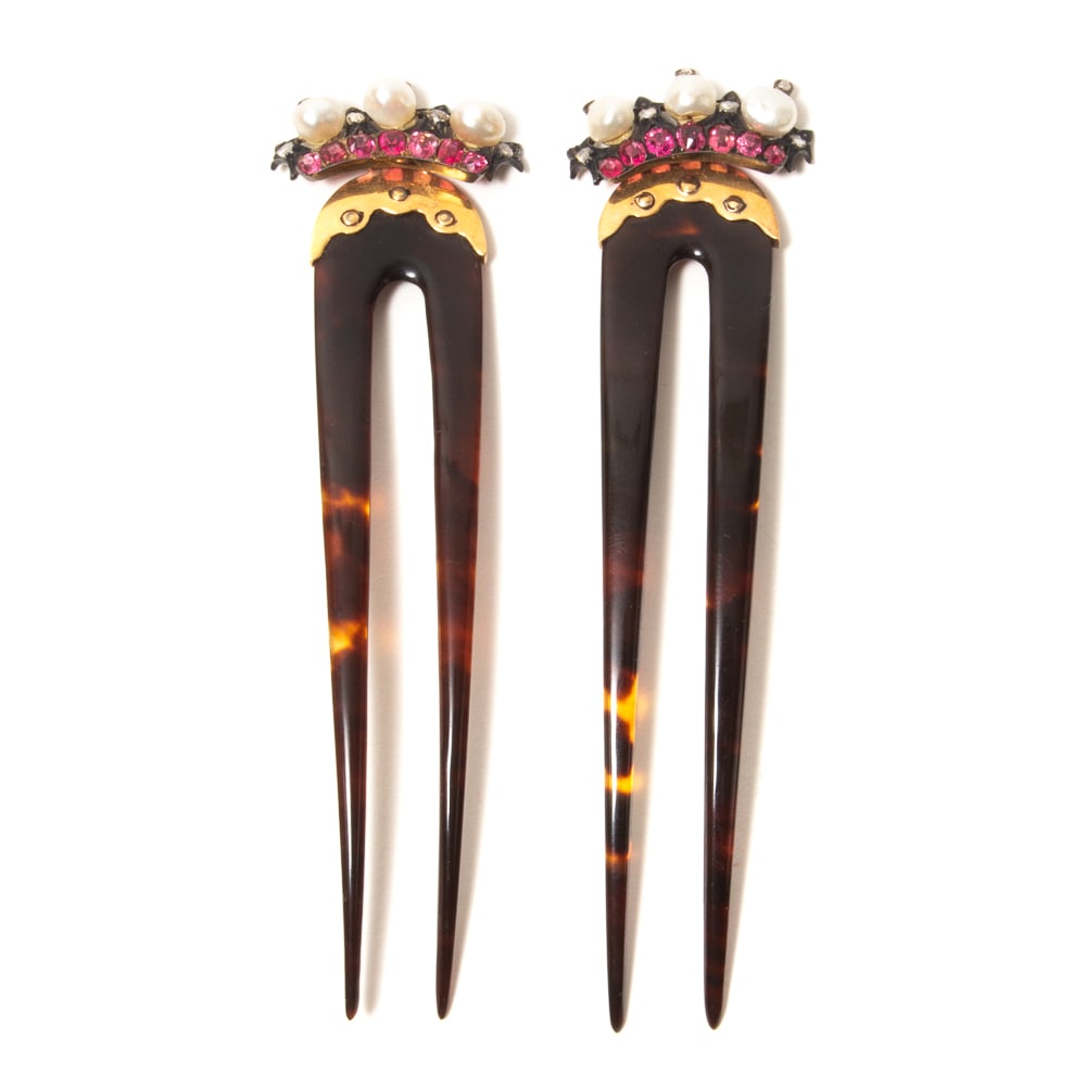 Pearl, Pink Sapphire & Diamond 14K Gold Hair Picks: Pair of pearl, pink sapphire, diamond, and 14 karat gold and silver hair picks, circa 1895, the tops of silver inset with pink sapphires, pearls, and diamond accents, joined to a 14 karat rose gold ca