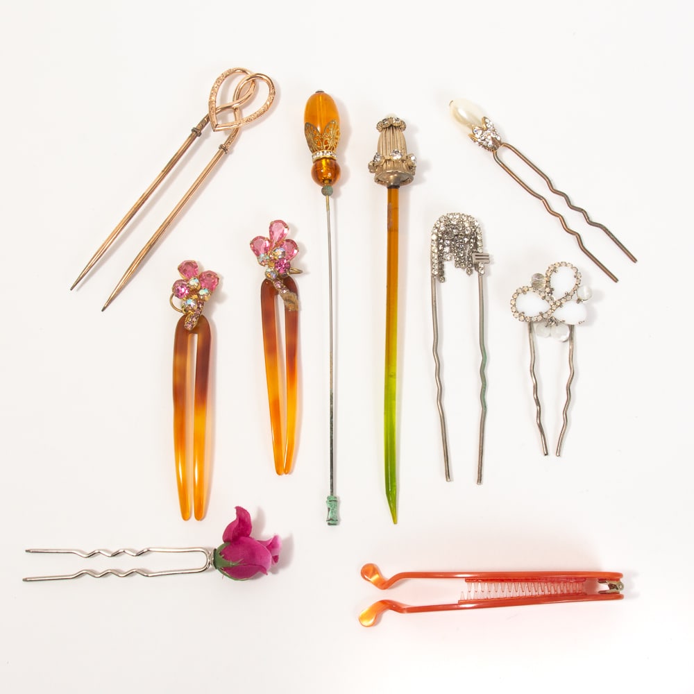 Eclectic Group of Modern & Contemporary Hairpins: Eclectic group of 11 modern and contemporary hair accessories, mid 20th century-21st century, including two pins marked "Made in Italy", one by Etro, the other Baixa; a pair of horn pins with faux gem