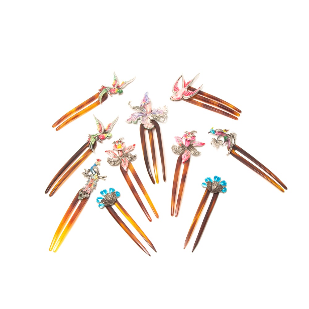 10 Mid 20th C Marcasite Polychrome Enamel Hairpins: Group of 10 marcasite polychrome enamel hairpins, mid 20th century, comprising three pairs and four individual, in various botanical and ornithological designs. [3.75-5.25" L]. Overall in good conditi
