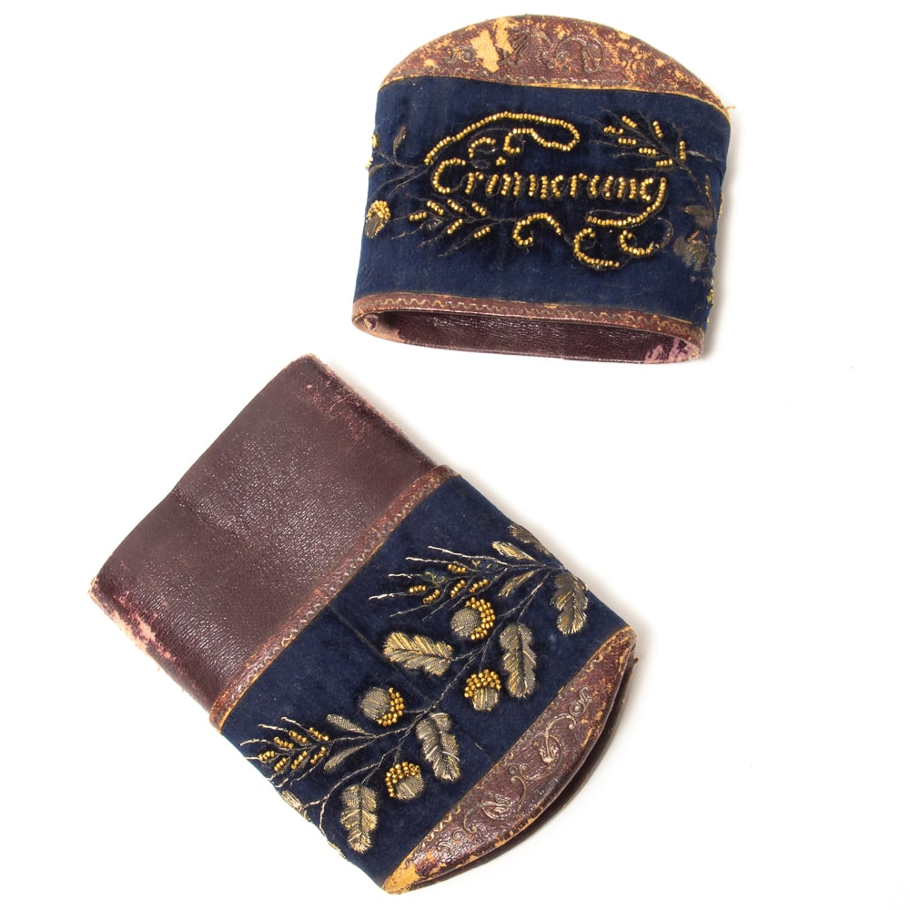 Antique Embroidered Velvet & Leather Jewelry Case: Antique embroidered velvet and leather jewelry case, thought to be Pennsylvania Dutch or German, bead embroidered "Erinnerung" ("In memory of..."). Provenance: From the personal collection of