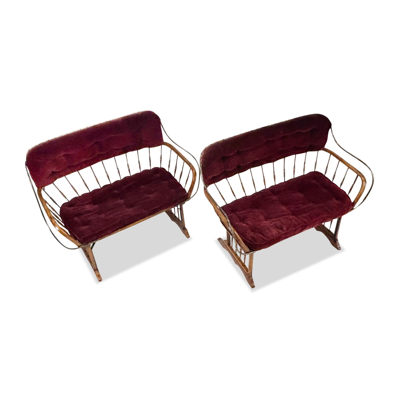 Pair of Antique American Buggy / Sleigh Benches: Pair of antique buggy / sleigh benches, American, early-mid 20th century, having walnut spindle backs with burgundy tufted velvet slip seats. [33" H x 41" D x 22" D]. Overall good condition with some 