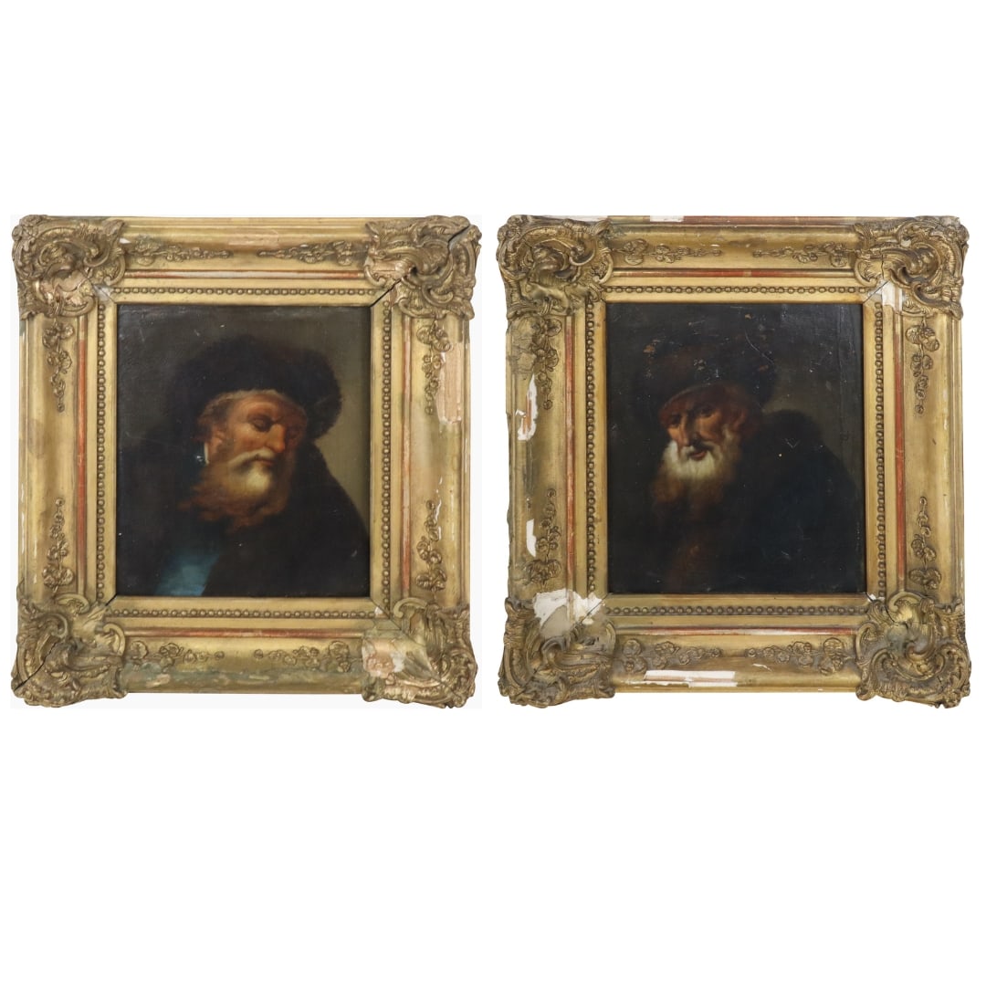 After Christian Wilhelm Ernst DIETRICH 2 Portraits: Manner of Christian Wilhelm Ernst Dietrich (German, 1712-1774) two oil on panel portraits of elderly bearded men, each bearing a wax seal to verso of panel. [Panels: 7.75" H x 6.5" W; Frames: 11.5" H 
