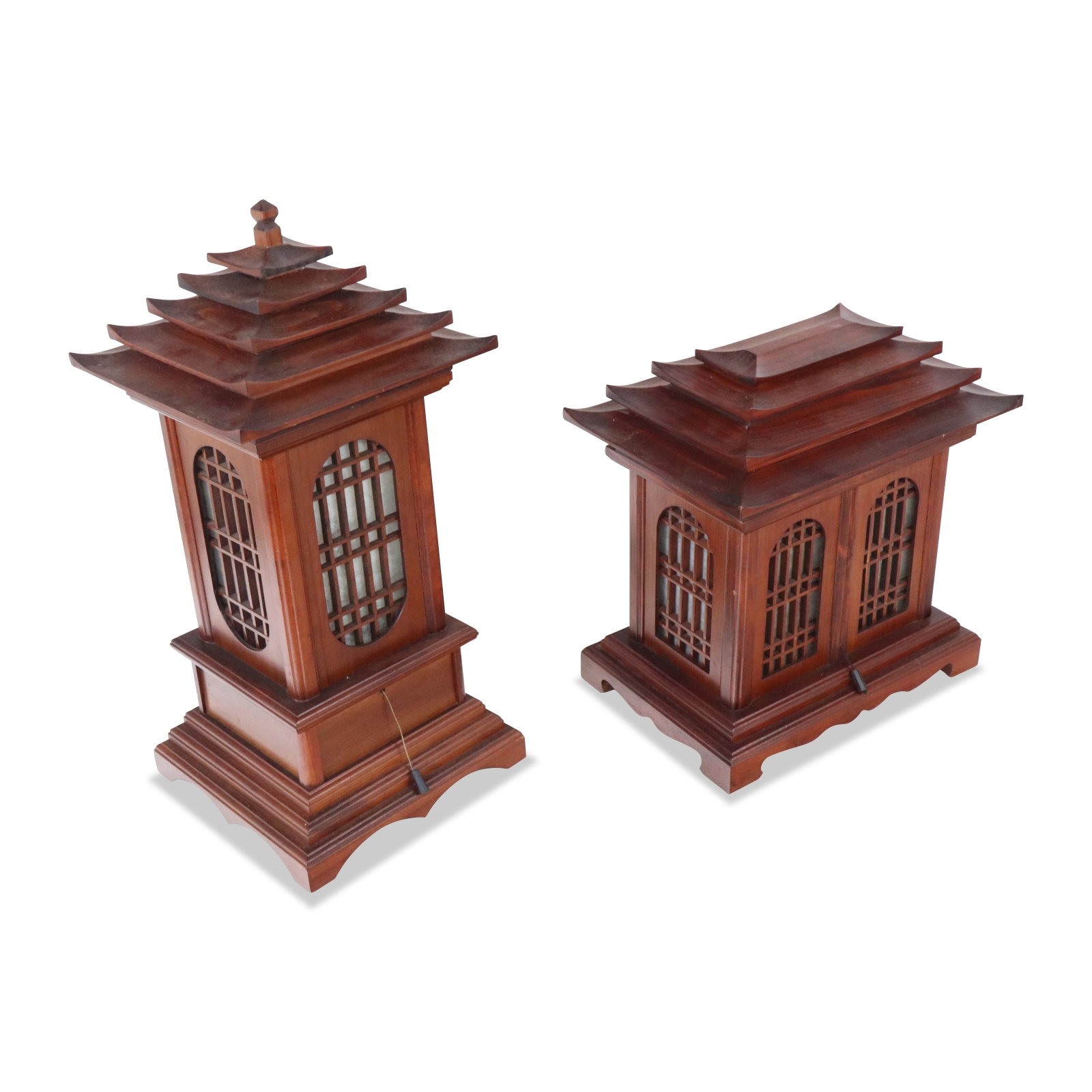 Two Cherry Wood Pagoda Form Lamps (1 of 11)