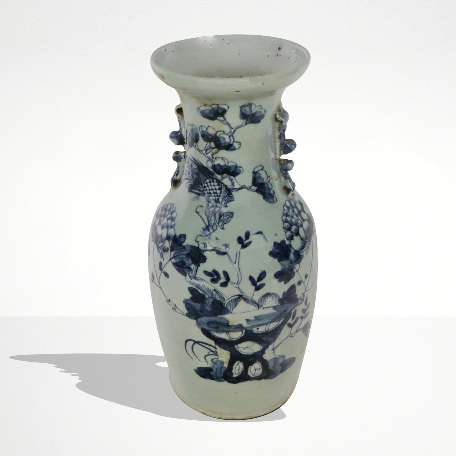 Chinese Qing Dynasty Blue and White Decorated Vase: Chinese Qing Dynasty baluster vase, 19th century, with hand decorated phoenix decoration and two handles, unmarked to base. [17" H x 9" Diameter]. Condition is good.