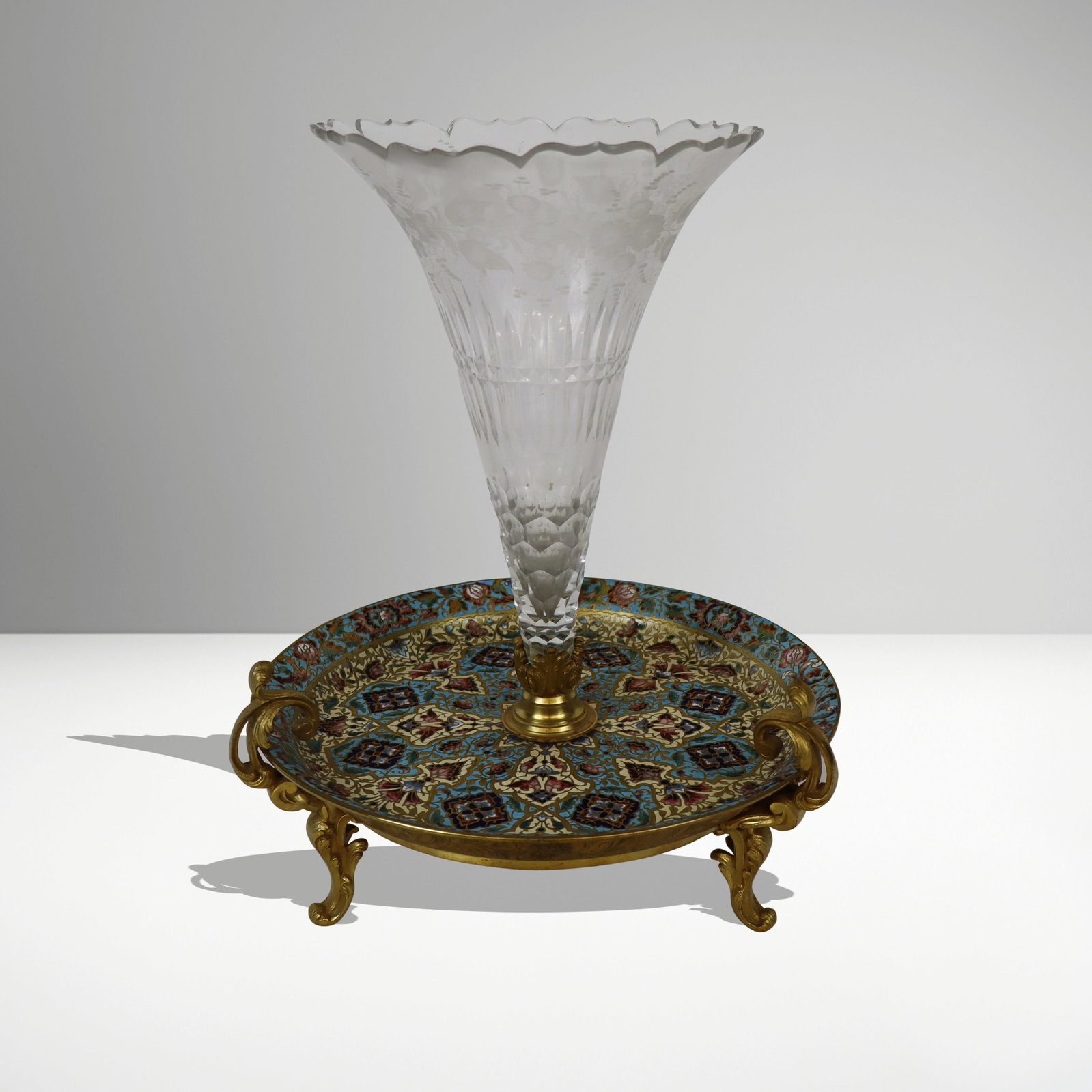 Champleve & Etched Crystal Epergne / Centerpiece: Louis XV gilt bronze, champleve enamel and etched crystal trumpet form epergne / centerpiece, French, probably last quarter of the 19th century, the turquoise, white maroon and cobalt blue enamel