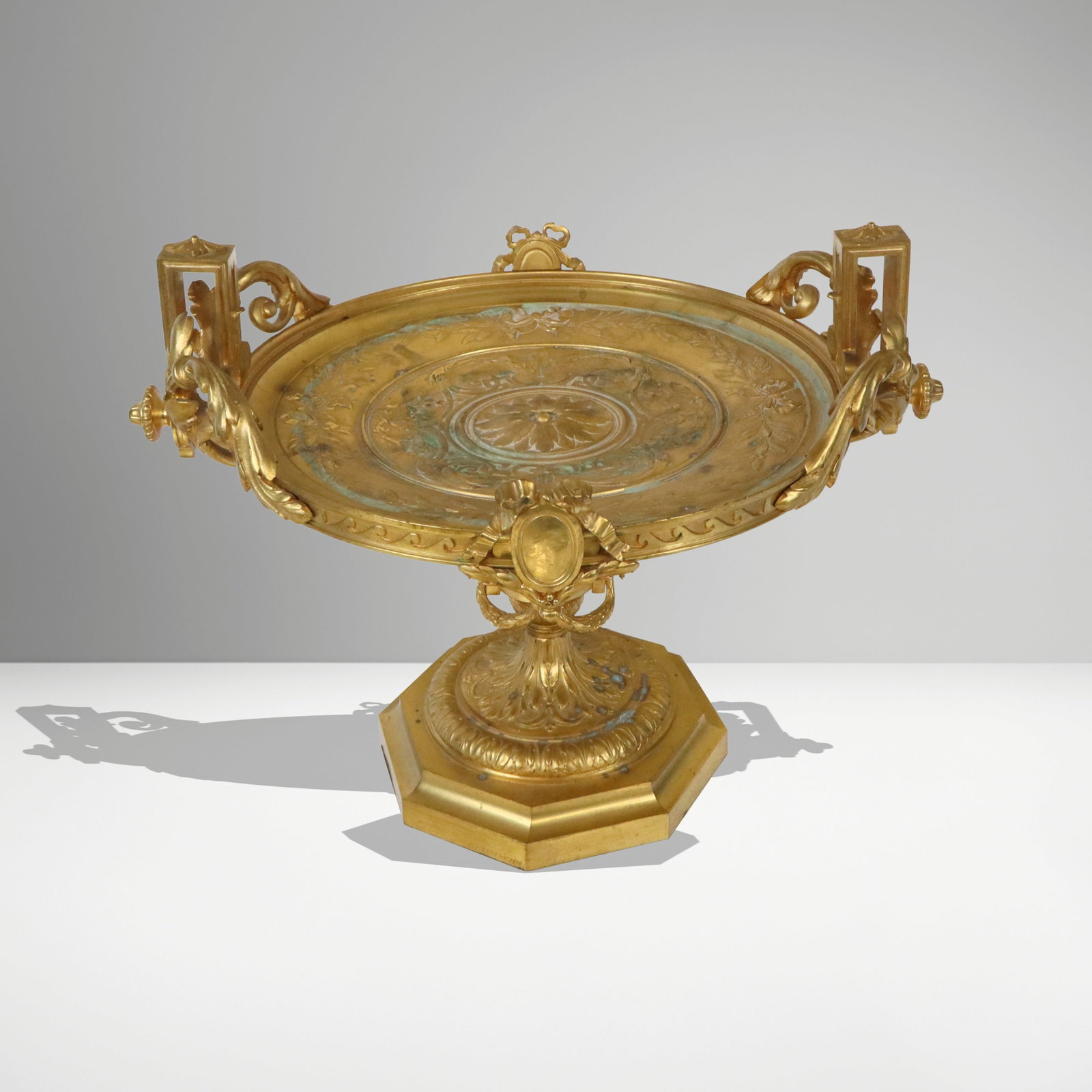 Ferdinand BARBEDIENNE Gilt Bronze Centerpiece: Ferdinand Barbedienne Louis XV gilt bronze centerpiece, French, last quarter of the 19th century, designed as a tazza, the circular dish decorated with bands of scrolls and foliate garlands, accented