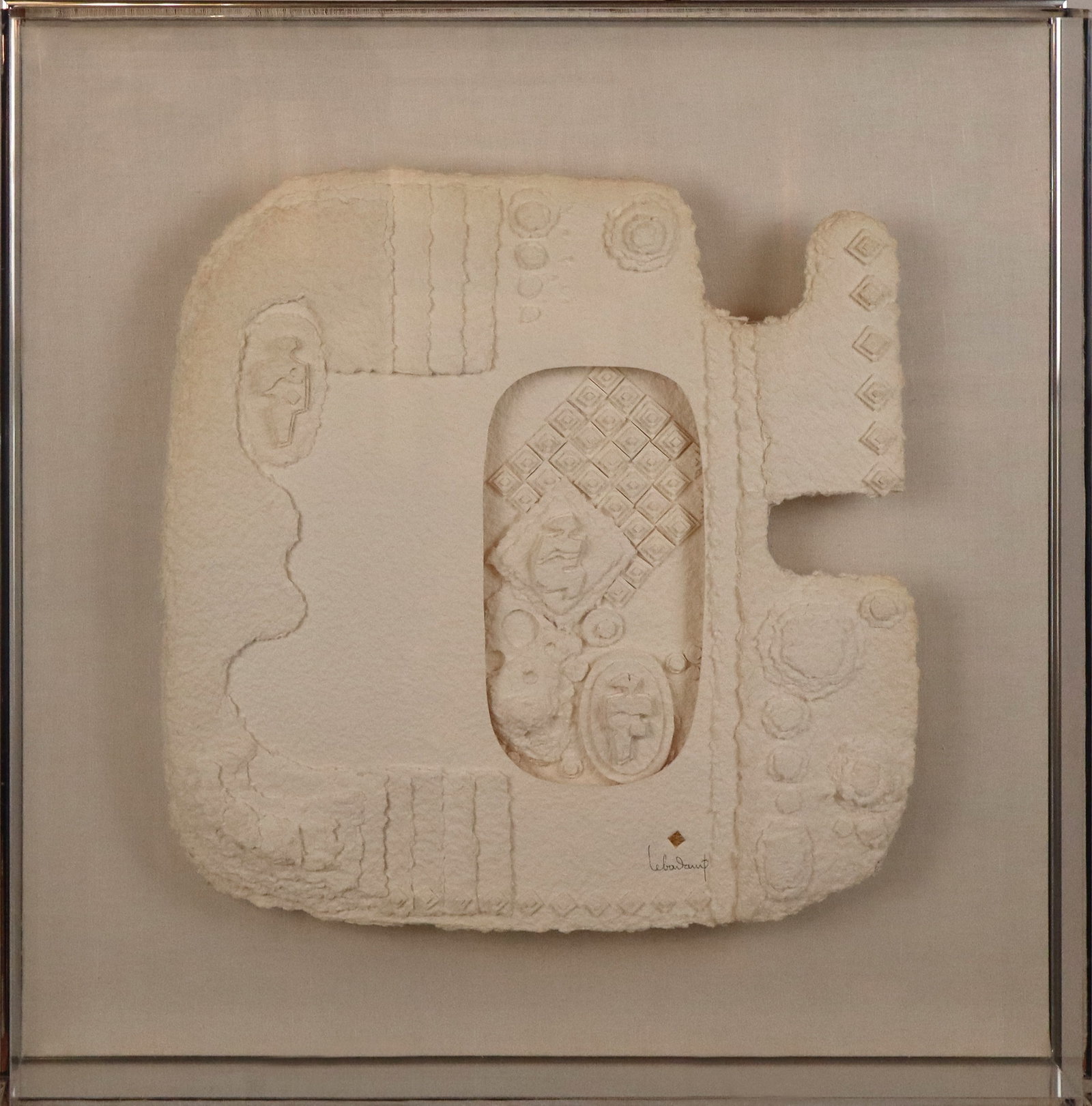 Hoi LEBADANG Abstract Paper Sculpture: Hoi Lebadang (Vietnam, 1921-2015) abstract paper relief sculpture signed to lower right and mounted in a plexiglass shadowbox frame. [Framed: 30" H x 28.5" W x 4.25" D]. Condition to work and to frame