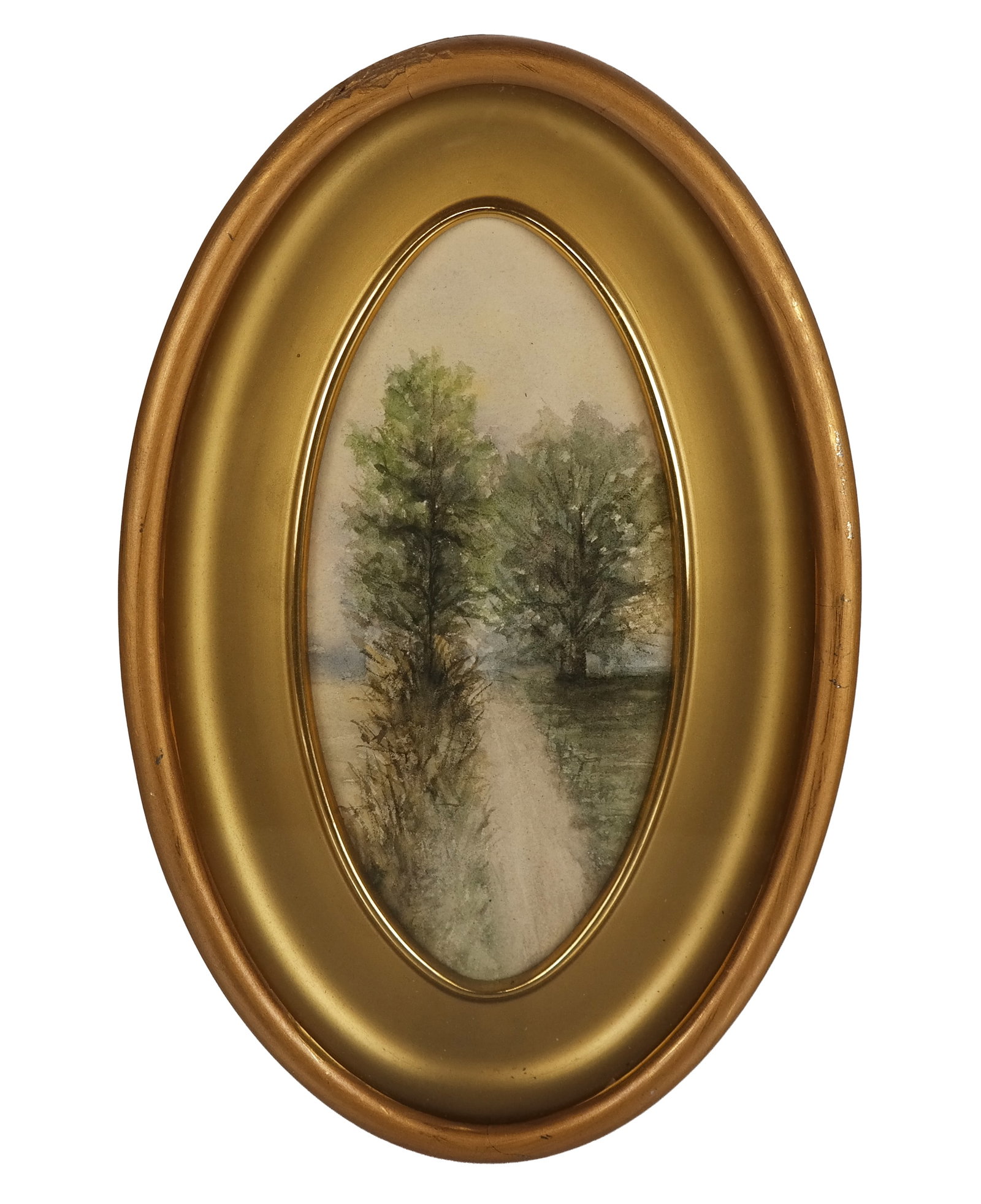 Watercolor Landscape in a Gilt Frame: Watercolor landscape in a gilt frame, unsigned. [Framed: 14" H x 9" W]. Condition is good with fading and wear to top of frame. From a New York City Collection. ROOM 4