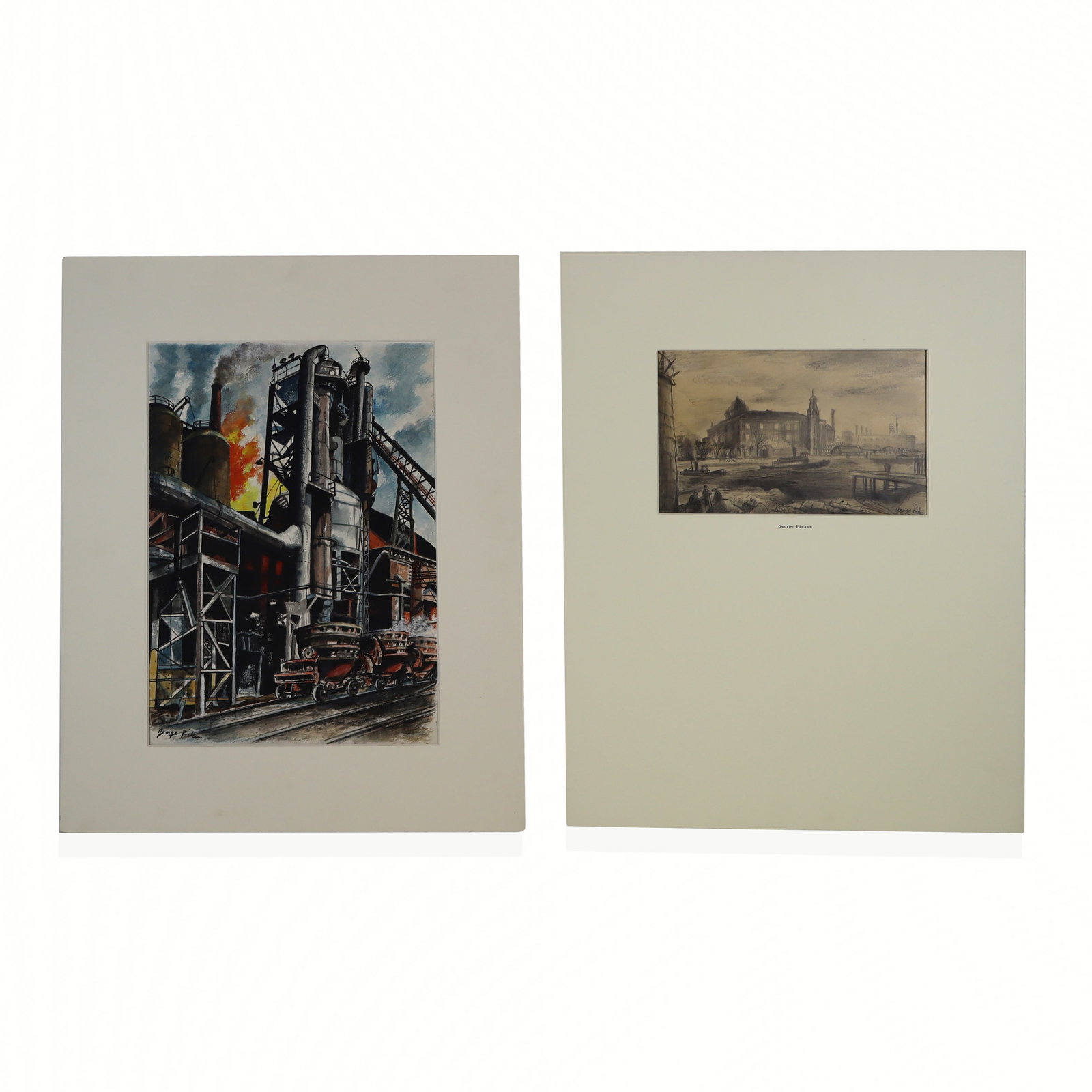 George PICKEN Two Works, Industrial Landscapes: George Picken (American, 1898-1971) group of two unframed works, including: a gouache on paper laid on board industrial scene, signed lower left; together with a pencil drawing, "Hospital, Welfare Isl