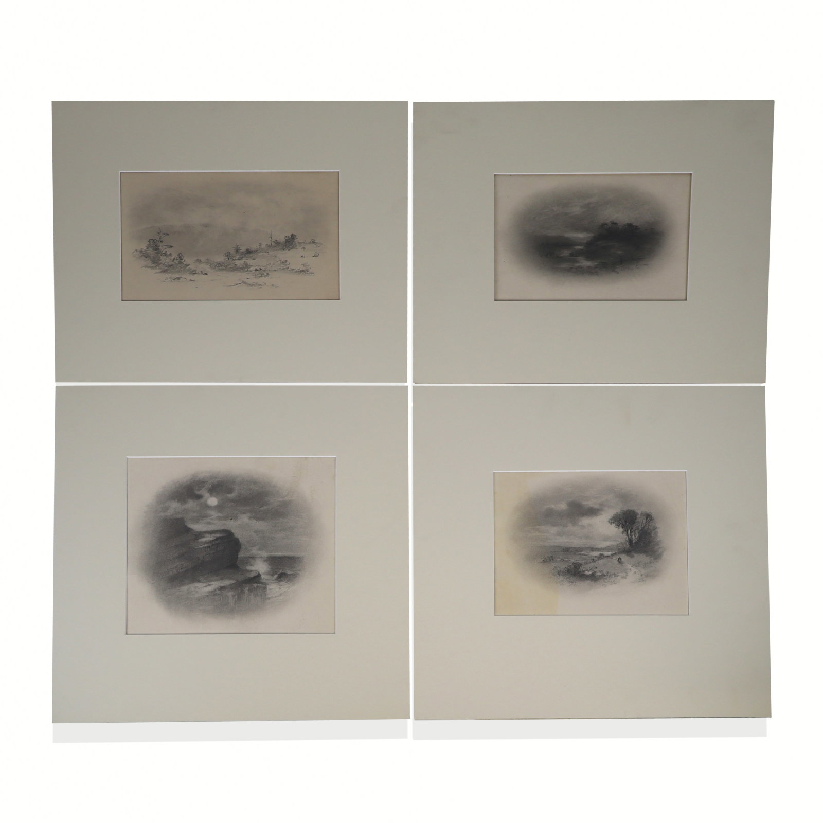 Lemuel Maynard WILES Four Graphite Landscapes: Lemuel Maynard Wiles (American, 1826-1905) group of four unframed graphite landscape studies, [Sheets: 10" H x 13" W; Mats: 14.75" sq.]. Overall condition is good with varying degrees of toning.