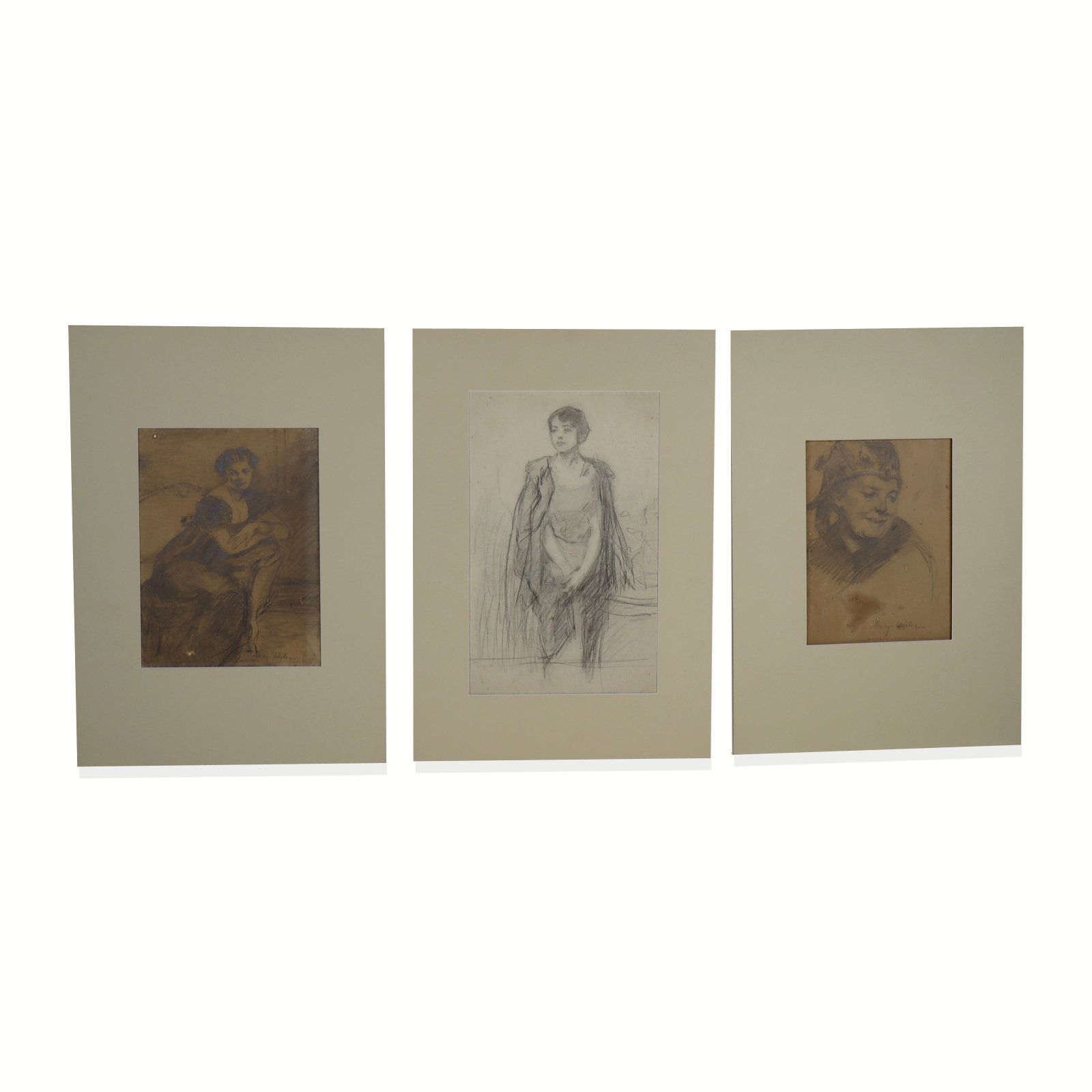 Gladys Lee WILES Three Graphite Figural Studies: Gladys Lee Wiles (American, 1888-1983) three unframed graphite studies, all depicting portraits of women in various poses, two signed lower right "Gladys Wiles," one inscribed illegibly lower left. [L