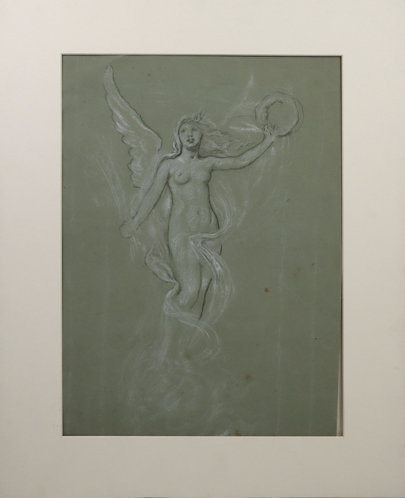 Attrib. Elihu VEDDER Pencil/Chalk Winged Woman: Attributed to Elihu Vedder (American, 1836-1923) allegorical pencil and chalk study on paper depicting a winged nude woman holding a wreath in triumph, unframed. [Sheet (edges folded): 15.25" H x 11.5
