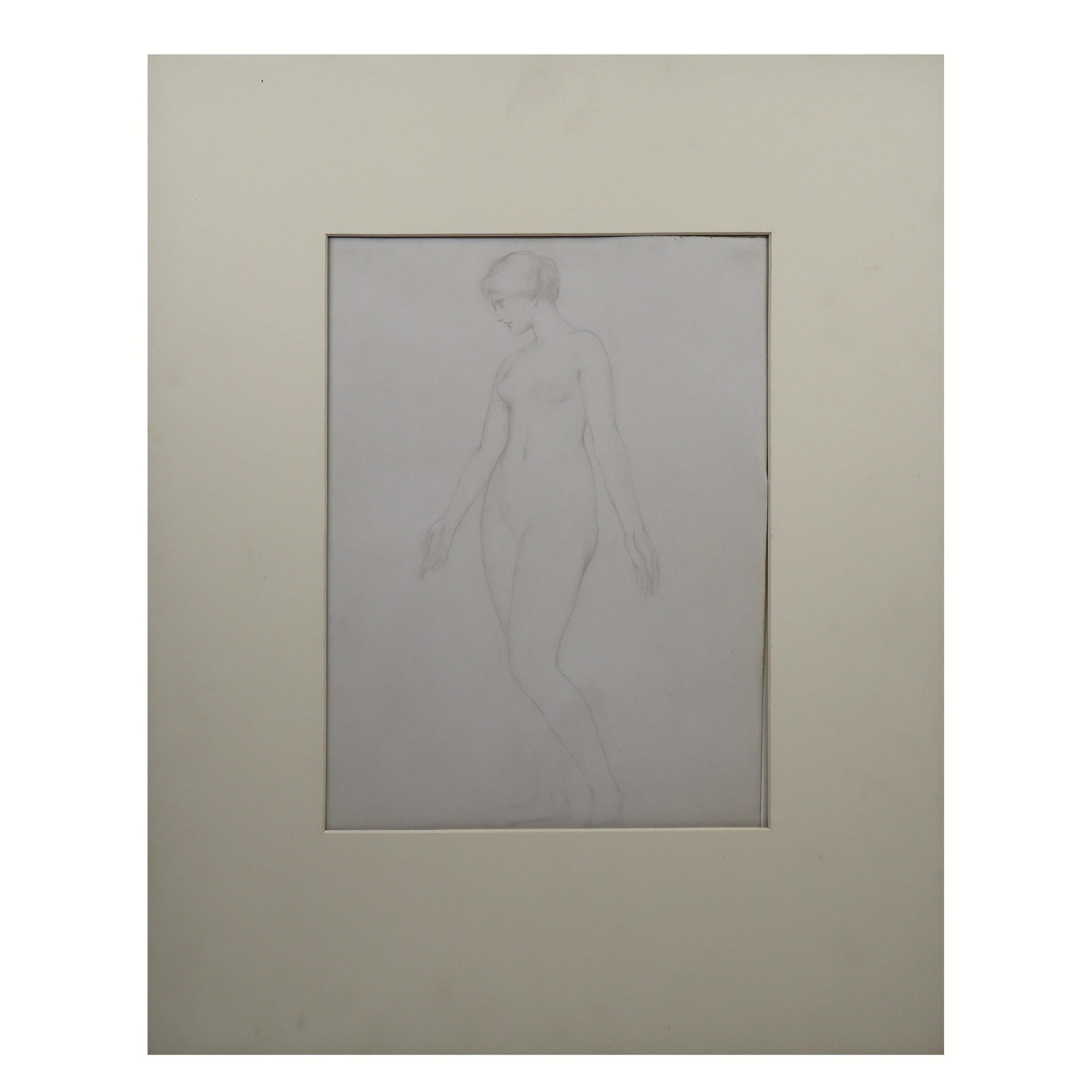 Attrib. Alfred MAURER Standing Nude Silverpoint: Attributed to Alfred Henry Maurer (American, 1868-1932) unframed silverpoint sketchbook study of a nude woman, unsigned. [Sheet: 12" H x 9" W; Mat: 20" H x 16" W]. Overall good condition, glue residue