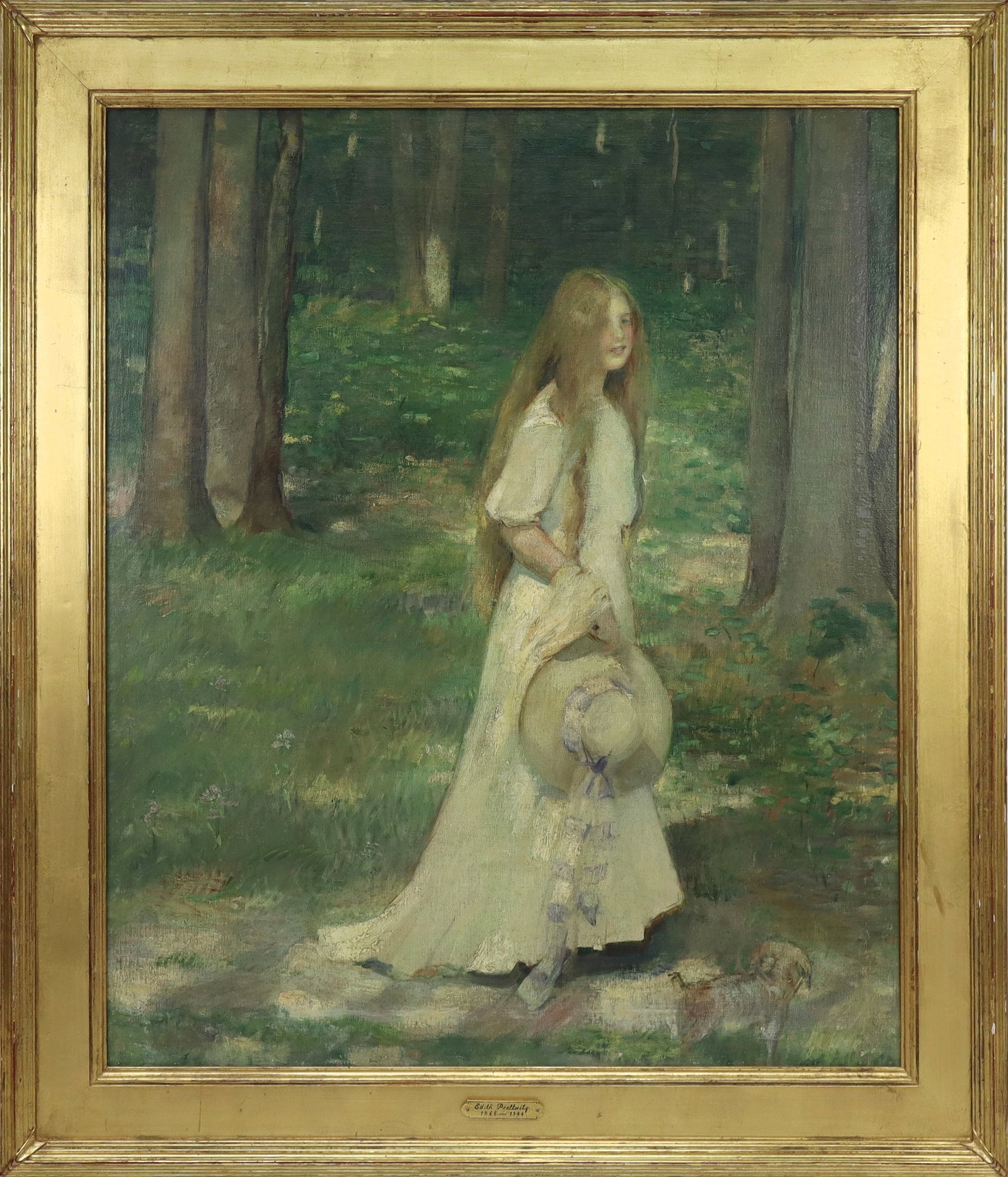Edith PRELLWITZ "Early Morning Stroll" Oil/Canvas: Edith Mitchill Prellwitz (American, 1865-1944) oil on canvas, "An Early Morning Stroll," 1900, gilt framed with artists plaque lower center, bearing label to verso for Spanierman Gallery, New York. [C