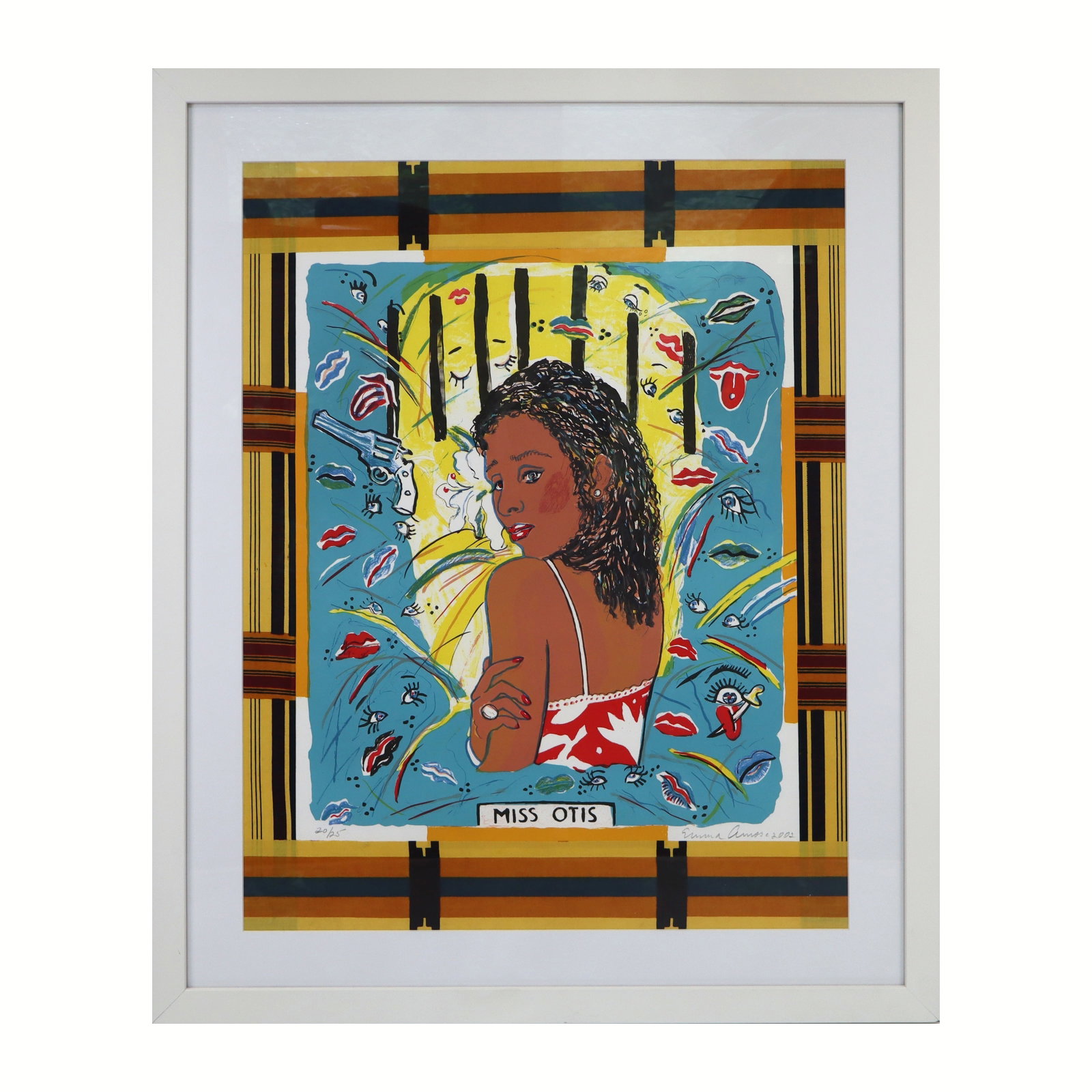 Emma AMOS "Miss Otis" Aquatint & Textile: Emma Amos (American, 1938-2020) silk aquatint with textile chine-colle on Arches paper, "Miss Otis," 2002, pencil signed and dated lower right, numbered lower left 20/25, bearing label to verso for Ja