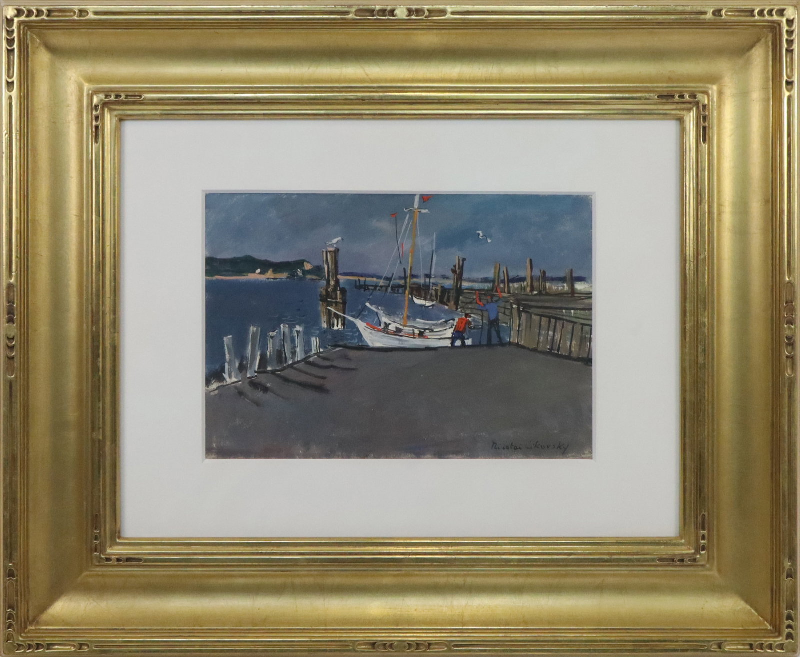 Nicolai CIKOVSKY "New London Ferry" Gouache: Nicolai Cikovsky (Russian/American, 1894-1984) gouache on paper, "New London Ferry," signed lower right, (possible) label to verso for Associated American Artists, New York. [Sight: 7.25" H x 10.25" W