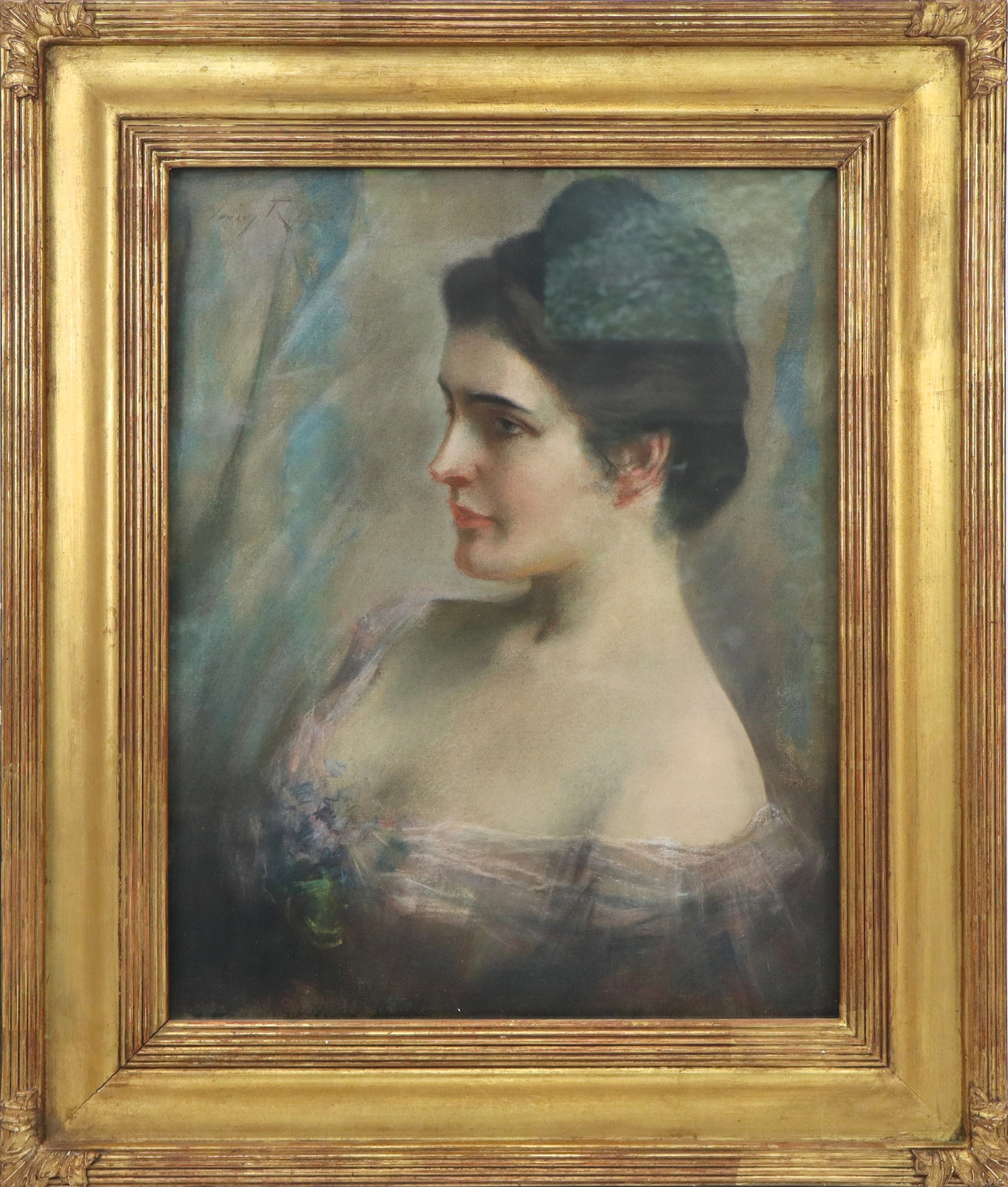 Irving Ramsey WILES Pastel Portrait of Gladys: Irving Ramsey Wiles (American, 1861-1948) pastel portrait of his daughter, Gladys Lee Wiles, signed faintly upper left. [Sight: 19.5" H x 15.25" W; Frame: 27.5" H x 23" W]. Overall condition is good.