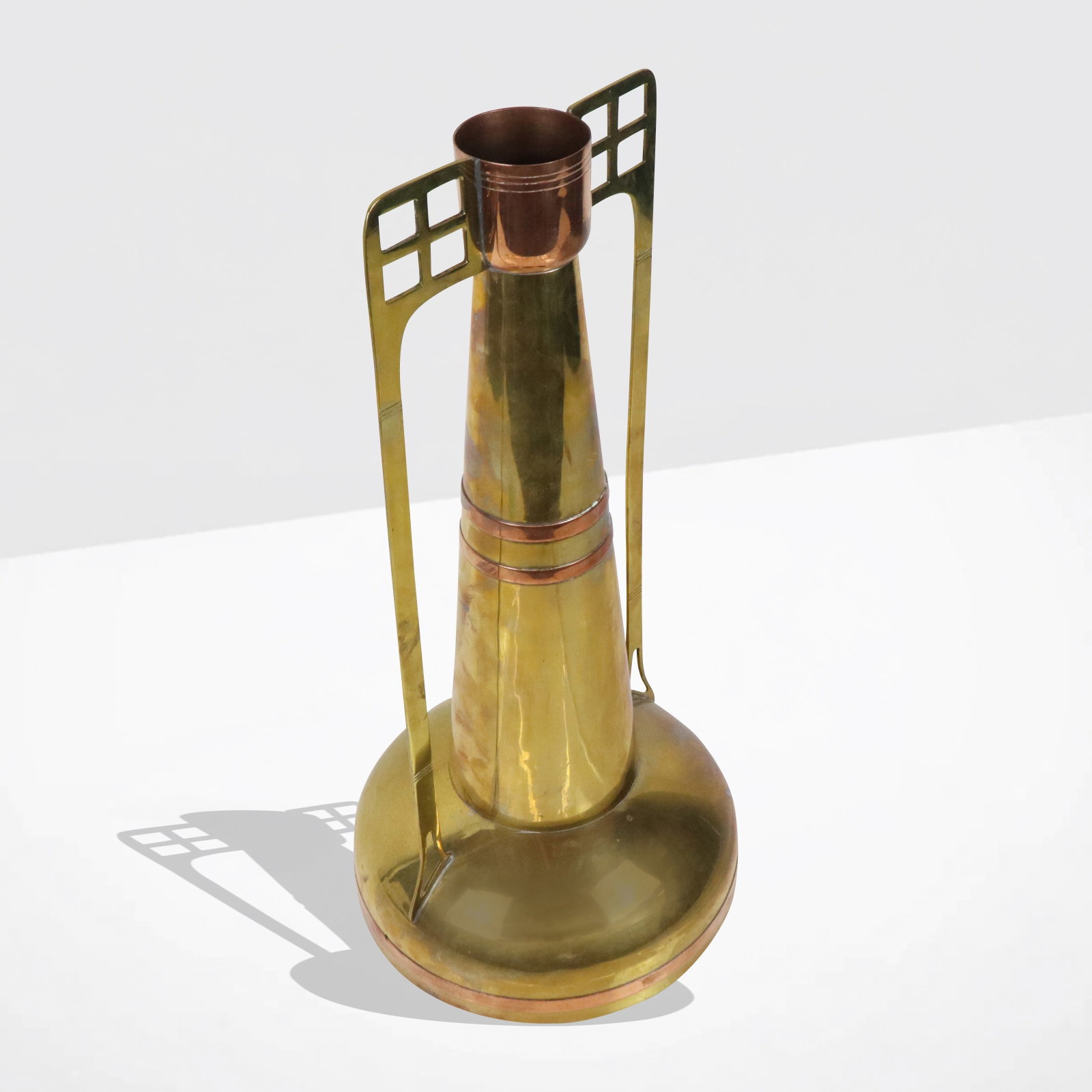 Attar. Gustave Serrurier-Bovy Copper & Brass Vase: Attributed to Gustave Serrurier Bovy copper & brass vase, Netherlands, circa 1905, manufactured by Coen Kurz Company, of monumental architectural form, marked on the underside of the base C Kurz & Co.