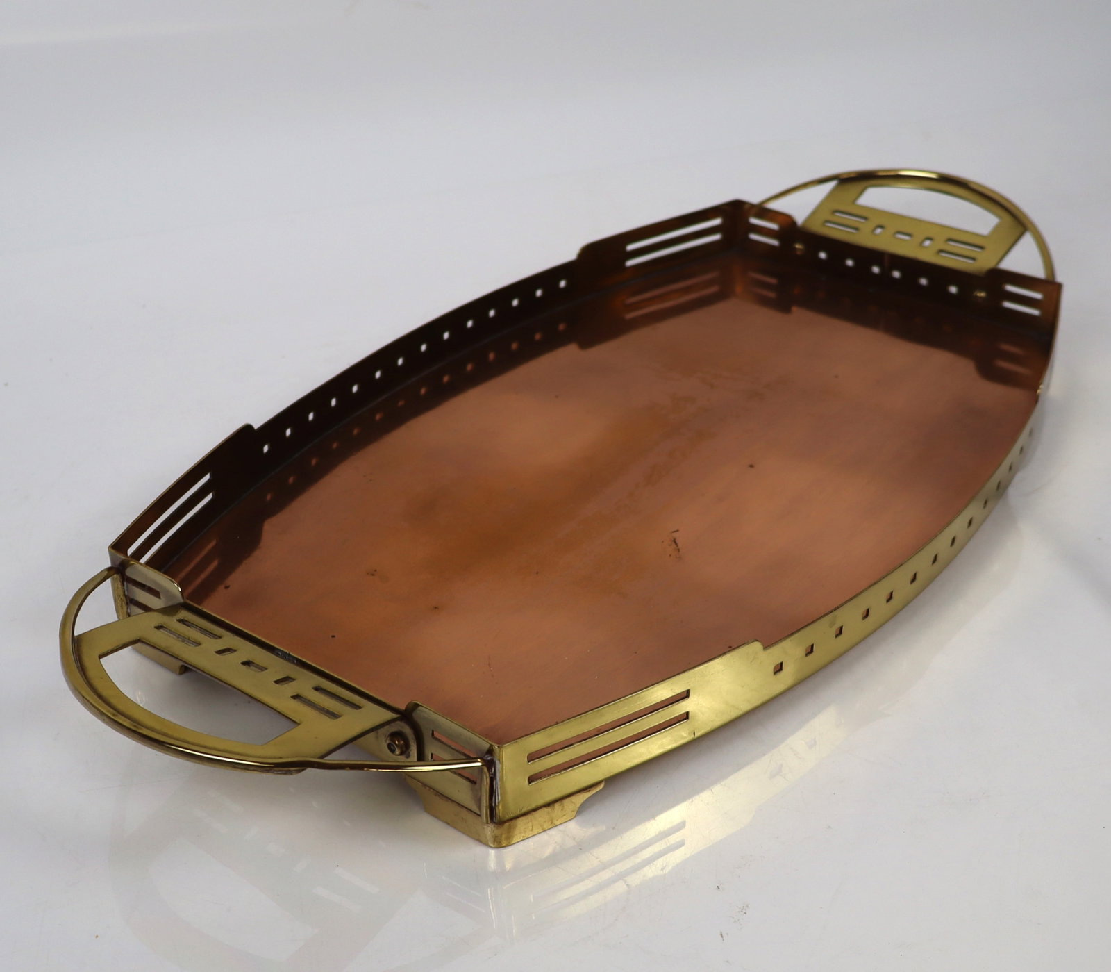 Attar. Gustave Serrurier-Bovy Copper & Brass Tray: Attributed to Gustave Serrurier Bovy copper & brass two handled tray, Netherlands, circa 1905, probably manufactured by Coen Kurz Company, scratched on base 5N 59. [2" H x 21" W x 10.5"]. Overall cond