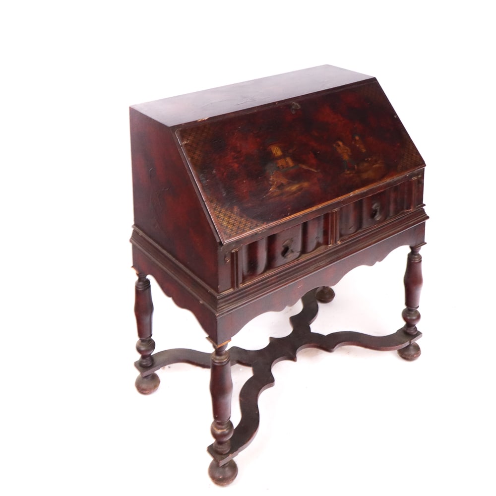 Chinoiserie Decorated Drop Front Secretary: Chinoiserie decorated drop front secretary, 20th century, with hand painted and gilt decoration, pigeonholing to interior, and two short drawers. [39.5" H x 33" W x 20" D]. Condition is good with some