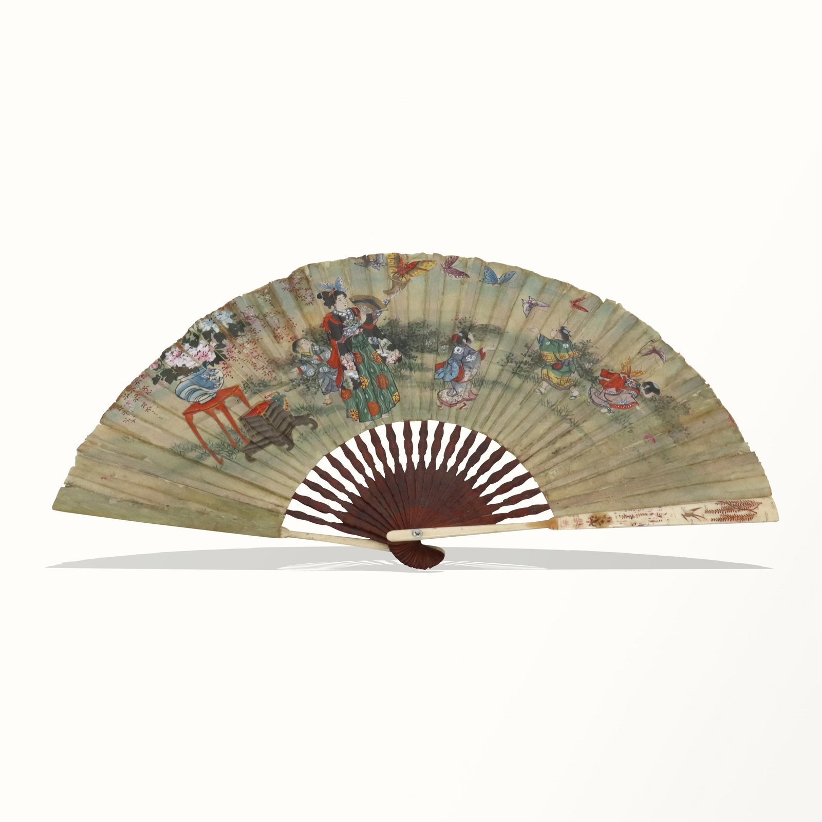 Japanese Meiji Hand-Painted Fan: Japanese Meiji fan hand-painted with woman and children with butterflies. Provenance: From the Estate of Dr Robert Reber, Greenwich, CT. [16" H x 9" W].