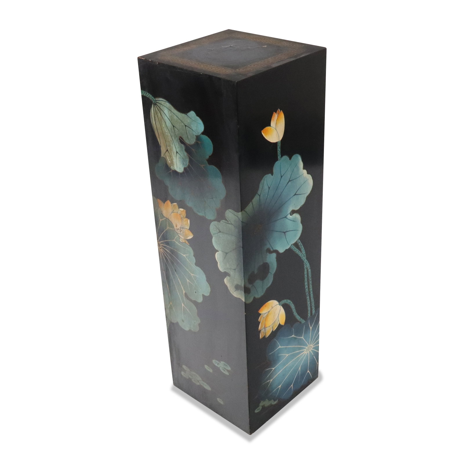 Chinoiserie Floral Decorated Pedestal: Chinoiserie floral decorated pedestal, 20th century, with hand-painted decoration and thunder pattern to top. [32" H x 10" Square]. Condition is good to fair with cracking and minor losses to paint.