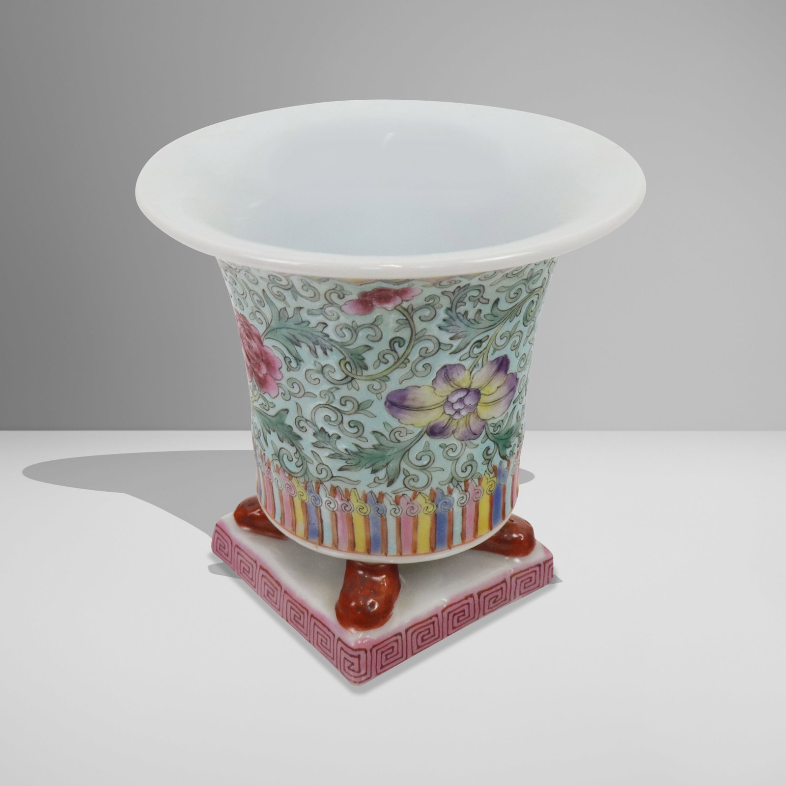 Chinese Famille Rose Vase: Diminutive Chinese famille rose vase, with hand-painted floral design, on footed base. Provenance: From the Estate of Dr Robert Reber, Greenwich, CT. [4.25" H x 4.25" W].