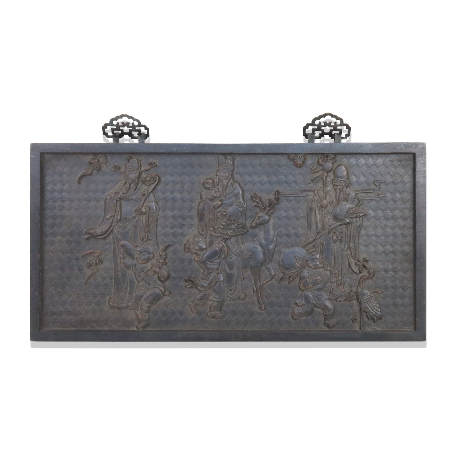Chinese Hand-Carved Immortals Plaque: Chinese hand-carved plaque depicting Immortals, children and rats, representing a wish for extreme longevity, generational wealth, and continuous fertility. Provenance: From the Estate of Dr Robert Re