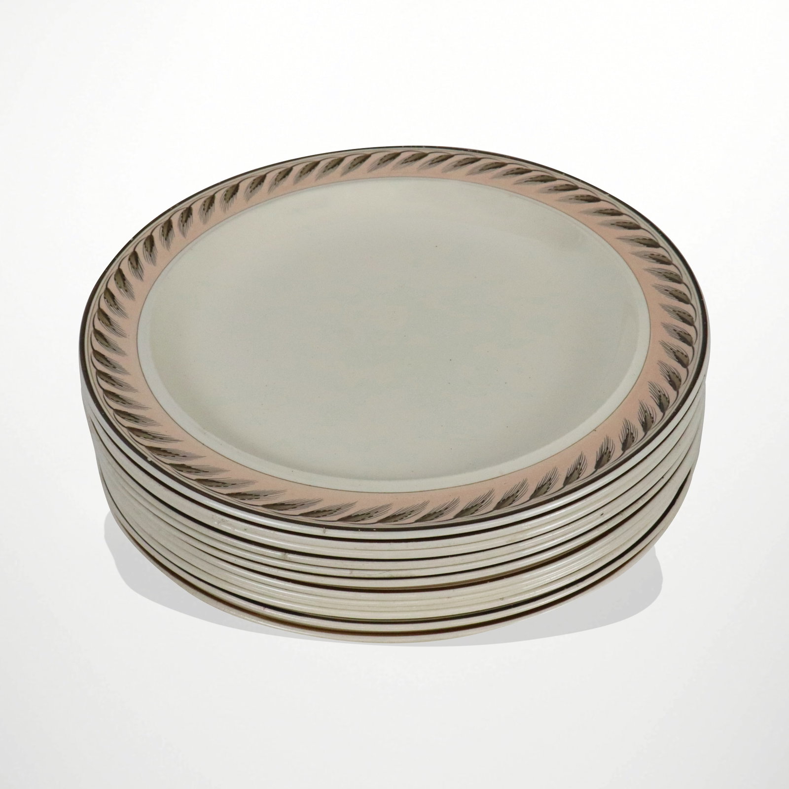 Wedgwood "Lag & Feather" Creamware Dinner Plates,: Wedgwood set of twelve "Lag & Feather" creamware dinner plates, English, probably mid 19th century, marked to reverse. [10" Diameter]. Overall condition is good.