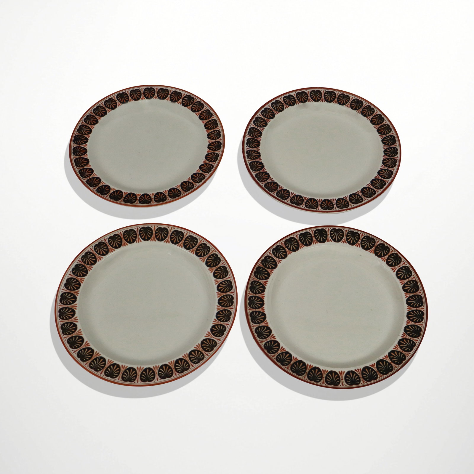 Wedgwood "Etruscan Honeysuckle" Creamware Plates,: Wedgwood set of four "Etruscan Honeysuckle" creamware dinner plates, English, probably early 19th century, marked to reverse. [9.75" Diameter]. Overall condition is good.