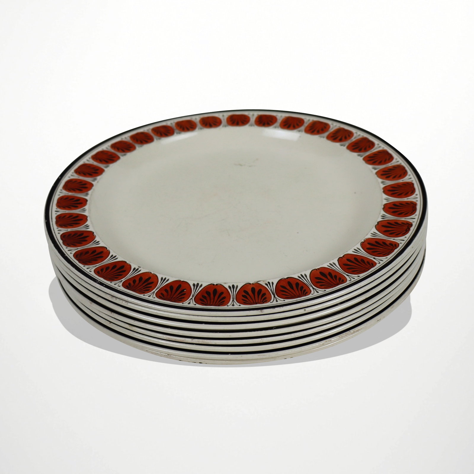 Wedgwood "Etruscan Honeysuckle" Creamware Plates,: Wedgwood set of eight "Etruscan Honeysuckle" creamware dinner plates, English, probably early 19th century, impressed Wedgwood to reverse, one plate bearing label from the Schofield Collection.
