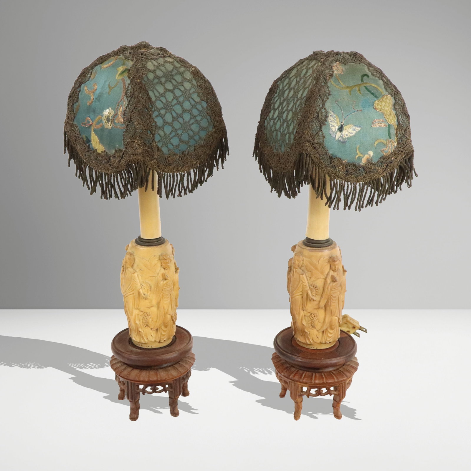 Pair of Chinese Figural Carved Wood Lamps (1 of 11)