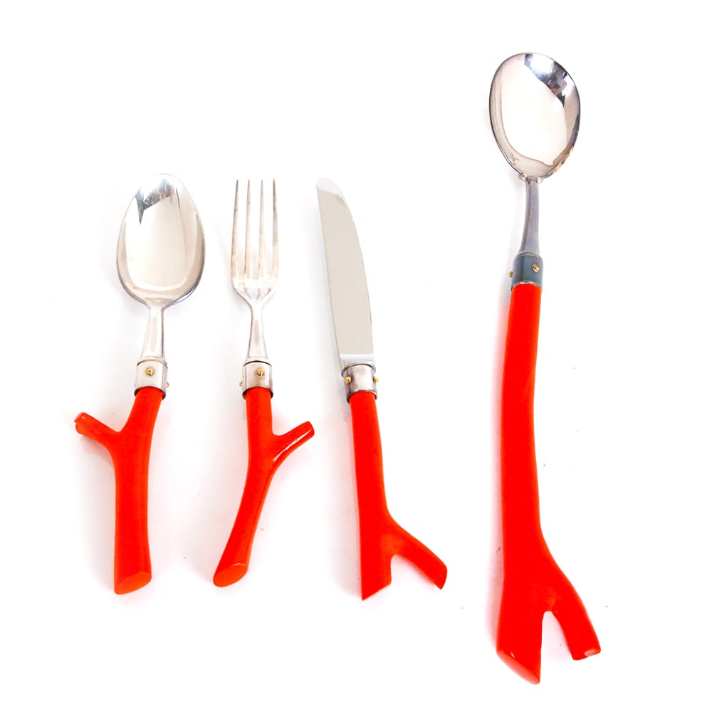 Garoutte/Bonetti for Daum Pate de Verre "Trapani": Elizabeth Garouste and Mattia Bonetti for Daum "Trapani" faux branch coral pate de verre flatware, comprising twelve knives, 1 serving spoon, twelve spoons (2 broken), and twelve forks (2 broken), mar