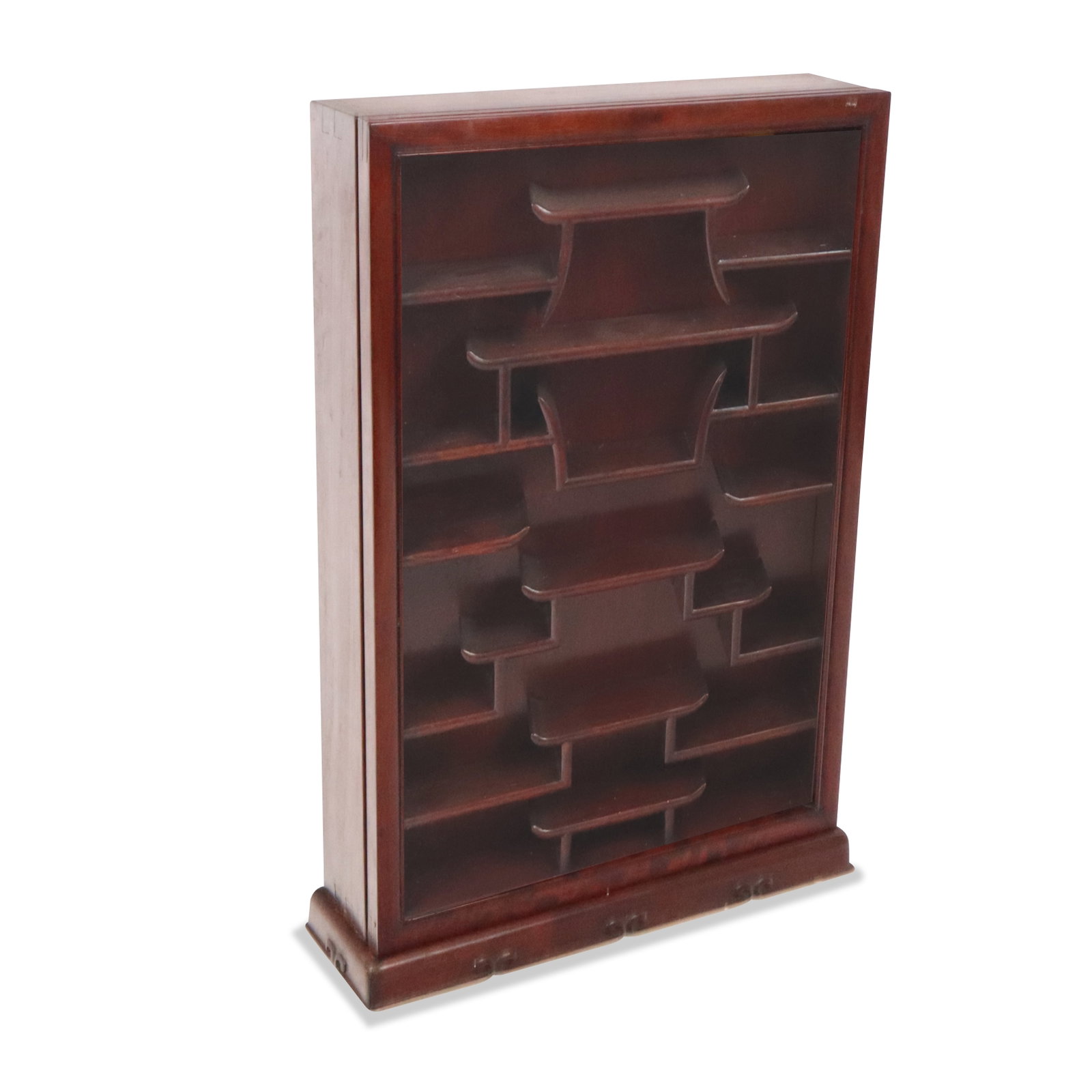 Chinese Rosewood Vitrine Cabinet: Chinese rosewood vitrine cabinet, 20th century, with a glass door and decorative shelves within. [25" H x 16" W x 4.5" D]. Condition is good with some minor surface wear.