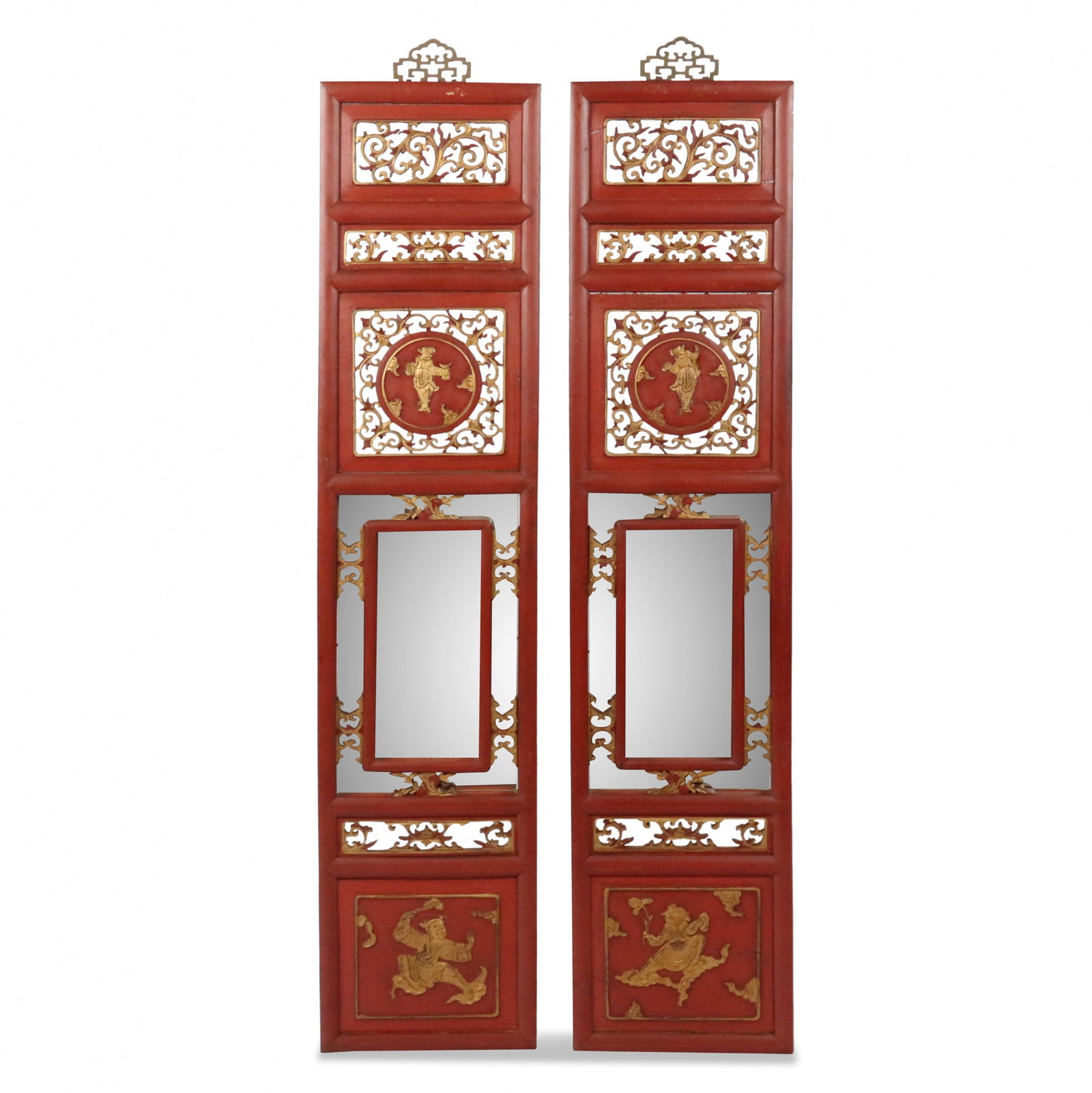 Two Chinese Red Lacquered Panels: Two Chinese red lacquered panels, 20th century, with reticulated and gilt decoration and inset mirrors. [Each panel: 50" H x 11" W]. Condition to each is good with minor wear.