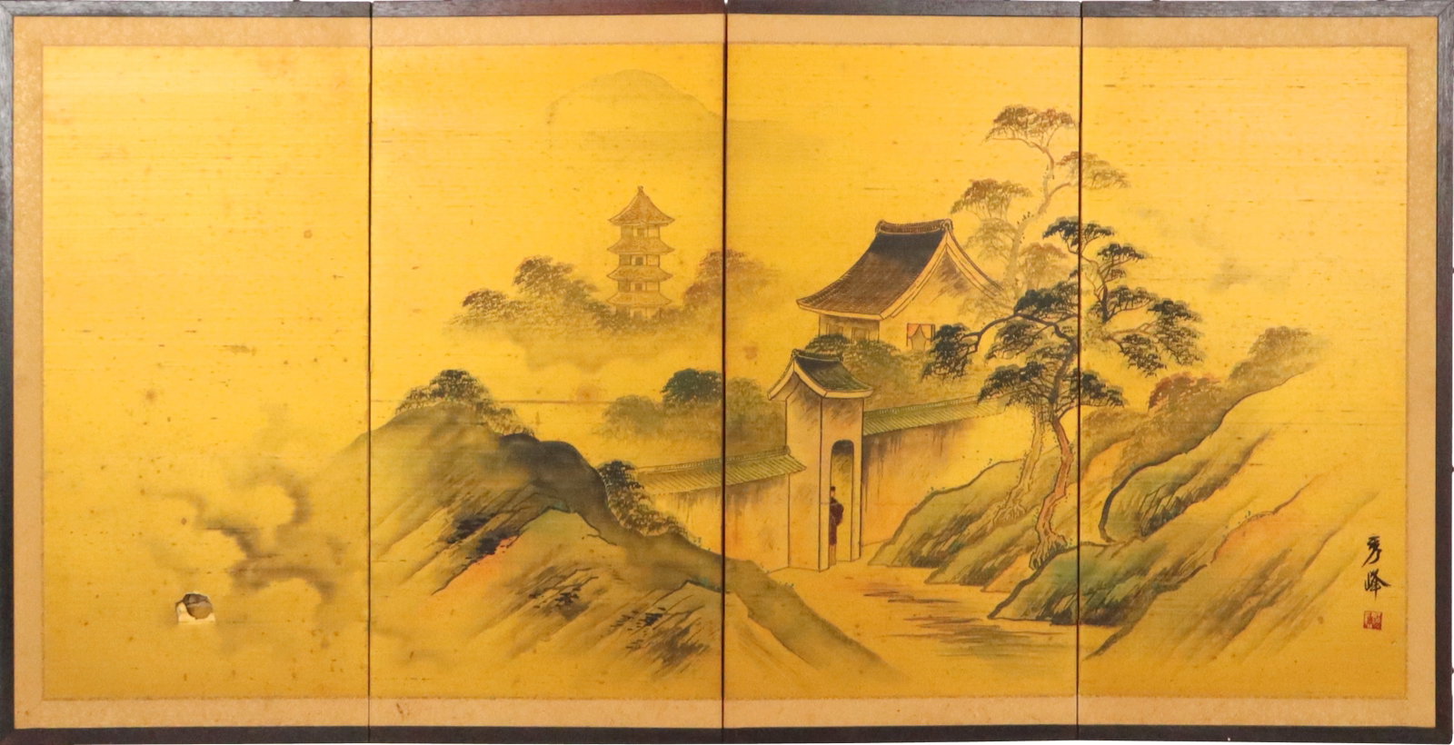 Chinese Ink on Silk Four Panel Screen: Chinese ink on silk folding screen, 20th century, with landscape decoration, mounted on four panels. [37" H x 76" W]. Condition is fair with soiling, and some puncturing.