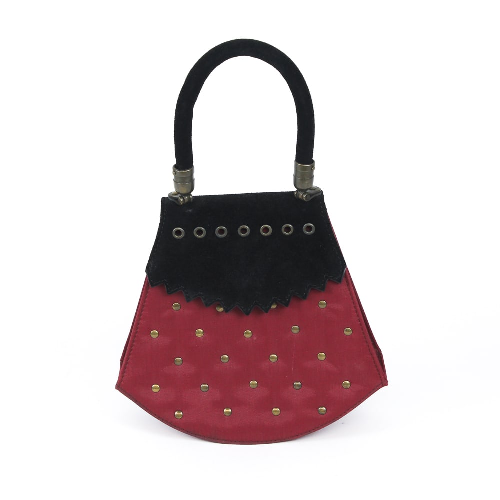 Christian LaCroix Strawberry Handbag: Christian LaCroix strawberry handbag, 20th century, with a suede flap and handles, and brass detail to hardware and to lower, marked Christian LaCroix Pret-a-Porter to interior label. [13.25" H x 9" W