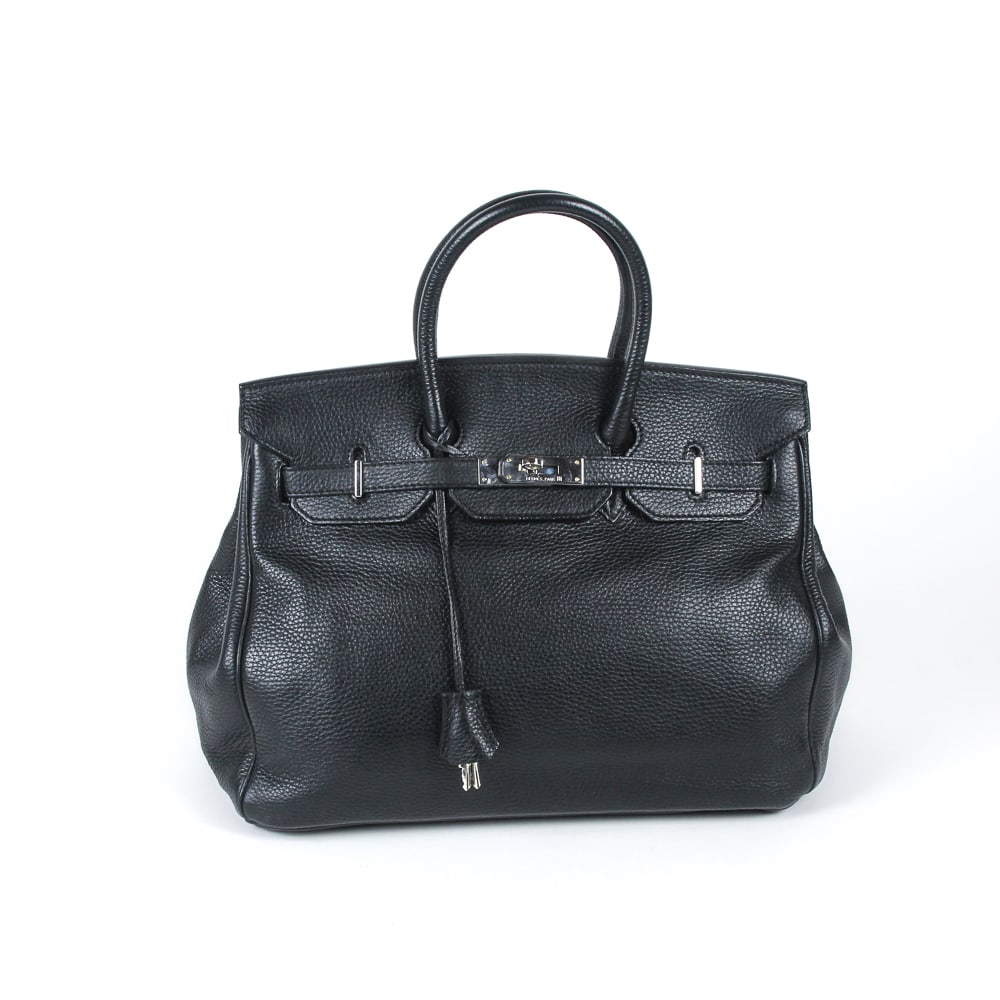 Hermes Black Pebbled Leather Birkin 40: Heremes pebbled leather Birkin 40 handbag, 21st century, with silver tone hardware including silver tone lock marked Hermes, leather mounted key, clasp marked Hermes Paris with GBRR inscription, and f