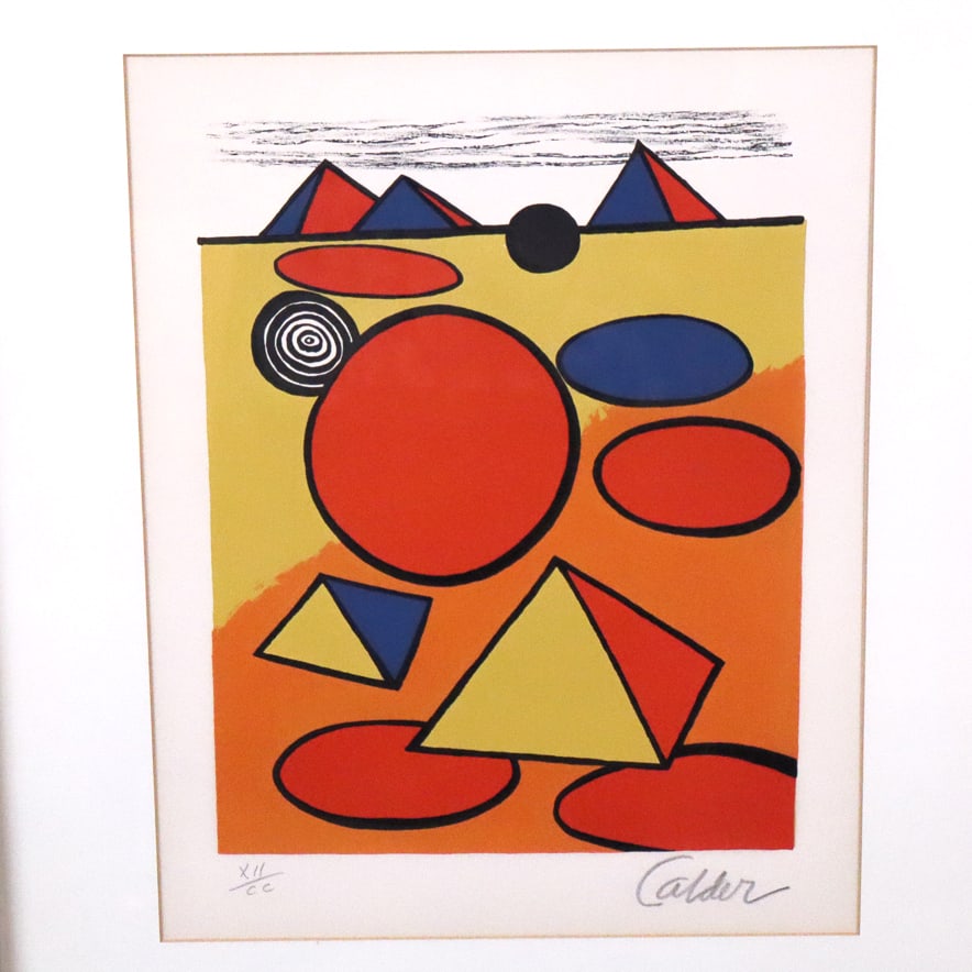 Alexander CALDER Lithograph, Hommage a San Lazzaro: Alexander Calder (American, 1898-1976) color lithograph, "Hommage a San Lazzaro," 1975, pencil signed "Calder" lower right and numbered lower left, XII/CC, matted and framed. [Sight: 14.5" H x 11.25" 