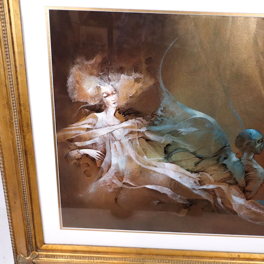 Anne BACHELIER Surrealist Mixed Media: Anne Bachelier (French, b. 1949) surrealist watercolor, pen, and metallic pigment on paper, life and death, signed lower right and dated, 2009 (?), matted and framed. [Sight: 19.25" H x 25.25" W; Fram