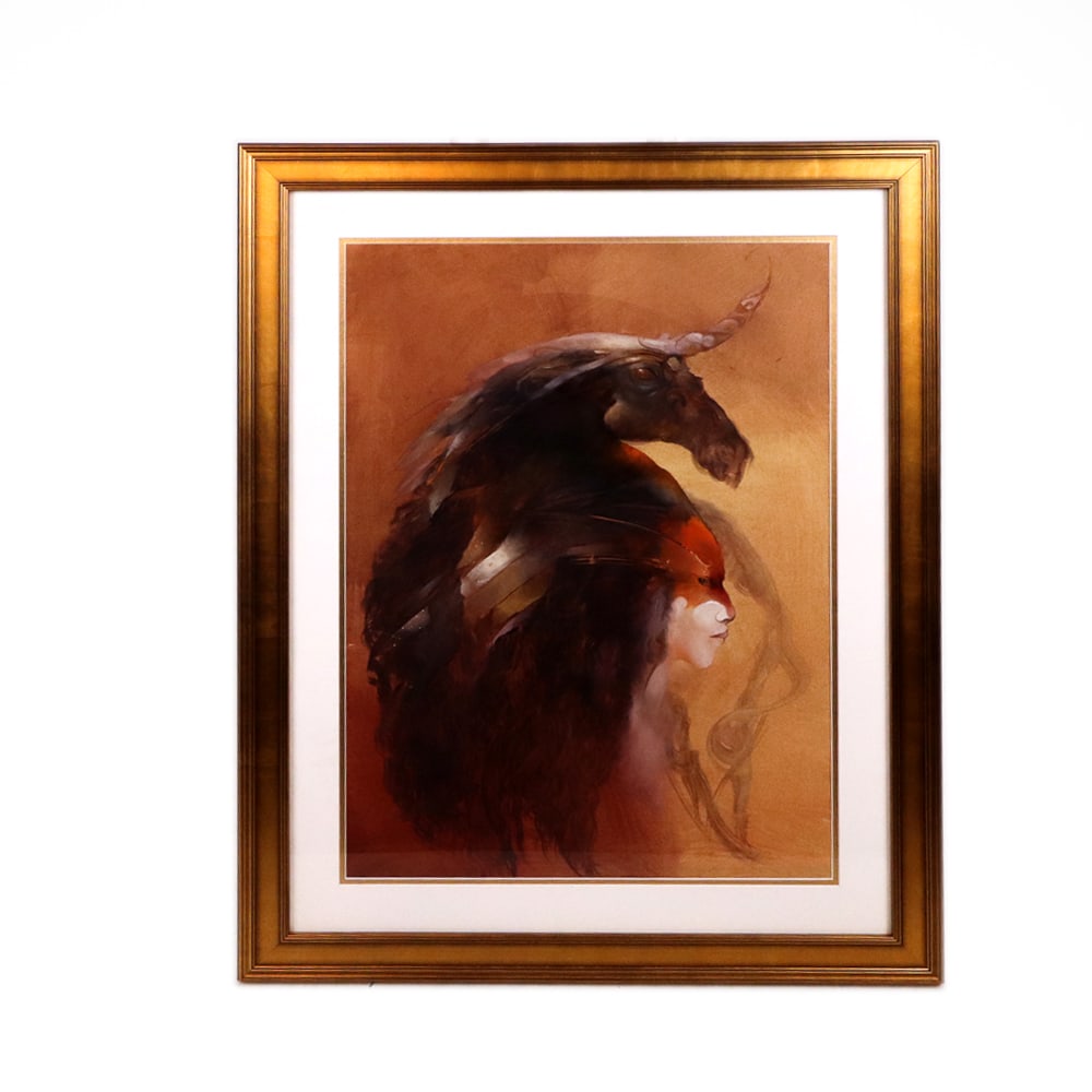 Anne BACHELIER Mixed Media "Une autre Dame...": Anne Bachelier (French, b. 1949) watercolor and acrylic on paper, "Une autre Dame a la lycorine," signed lower right, titled to verso, matted and framed. [27" H x 19" W; Frame:35.5" H x 27.5" W].