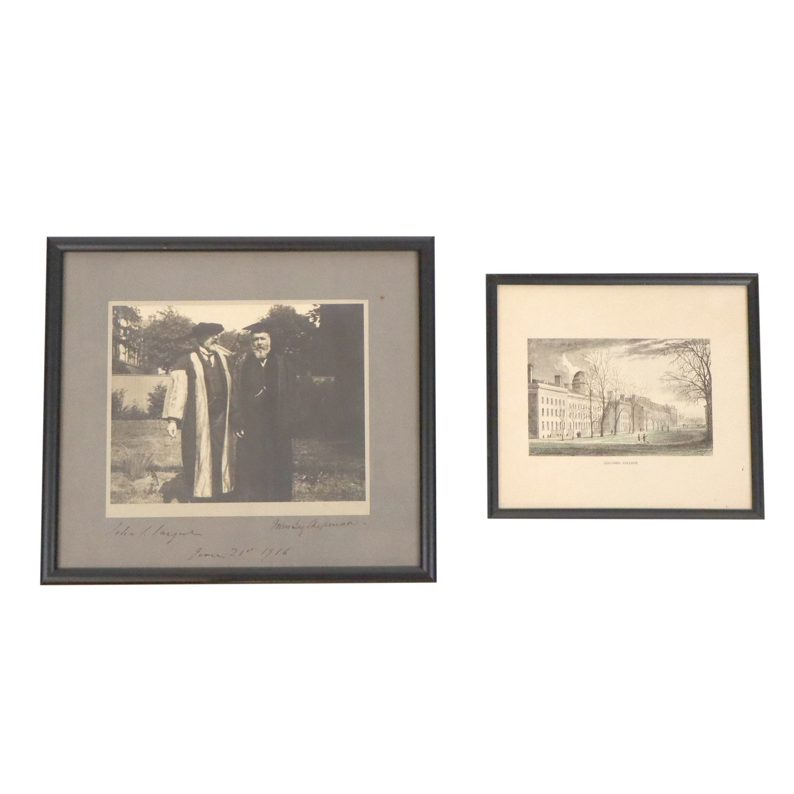 Two Works, Photograph & Hand-Colored Print: Two works, including: a reproduction photograph of John Singer Sargent and John Jay Chapman in Harvard robes, 1916, the original in the Isabella Stewart Gardner Museum; together with a hand-colored en