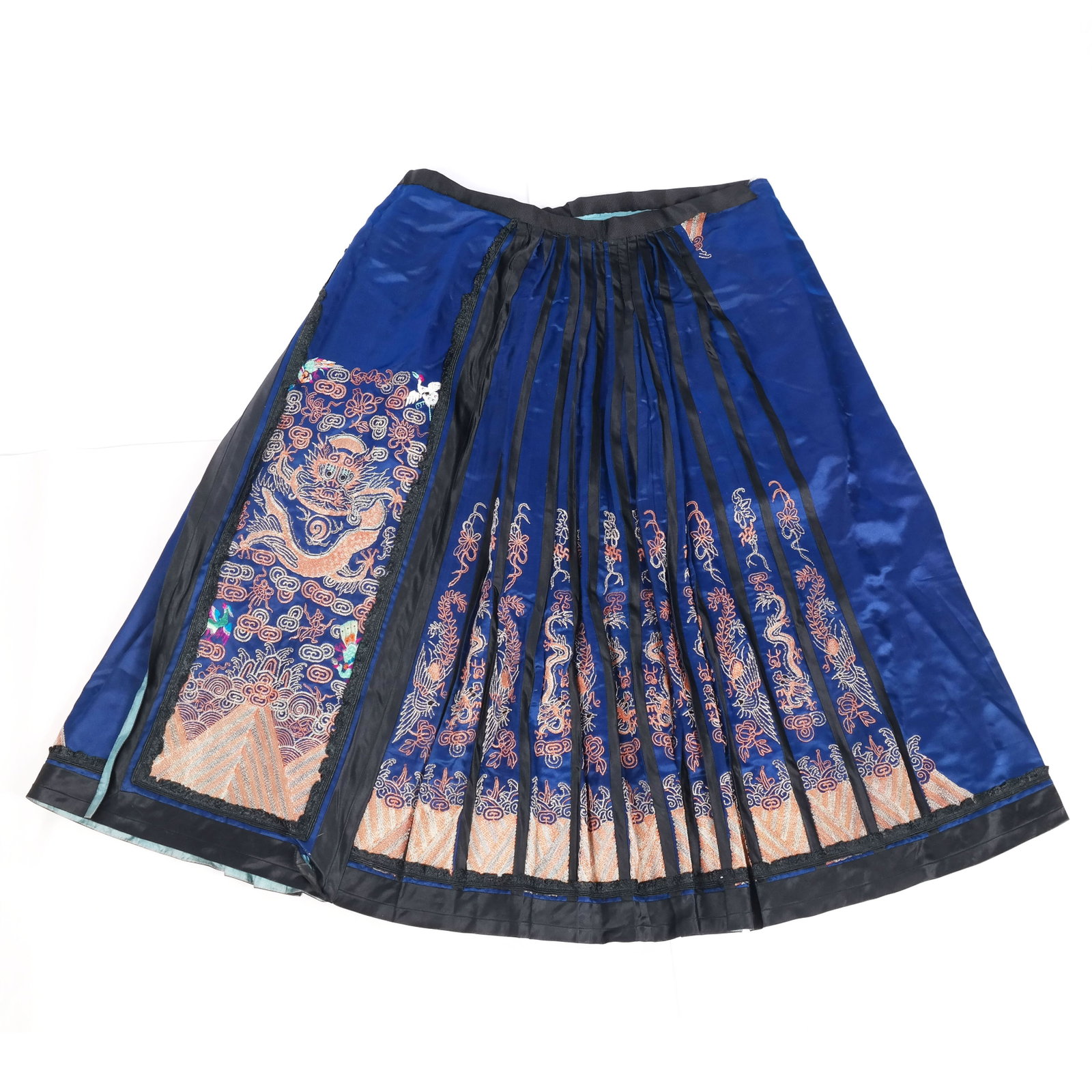 Chinese Embroidered Ruqun Skirt: Chinese embroidered ruqun skirt, having blue panels with dragons between black trim and grosgrain waistband. [Width across waistband: 36"; Length: 31 1/2"]. Losses to lining; pulls and wear; no closur