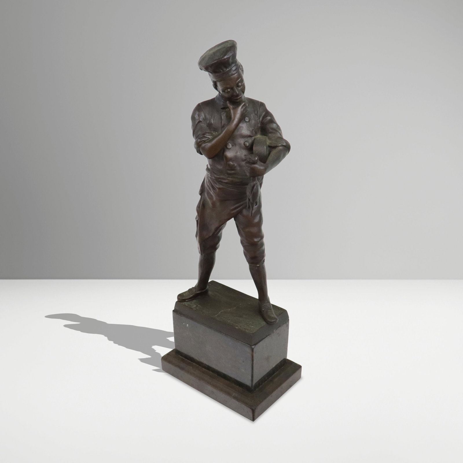 Wilhelm SCHAFFERT Bronze on Marble of a Chef: Wilhelm Schaffert (Germany, b. 19th century) bronze on marble of a chef holding duck, signed Schaffert to reverse lower. [12" H x 4.5" W x 3" D]. Condition is good with residue and patina to bronze,