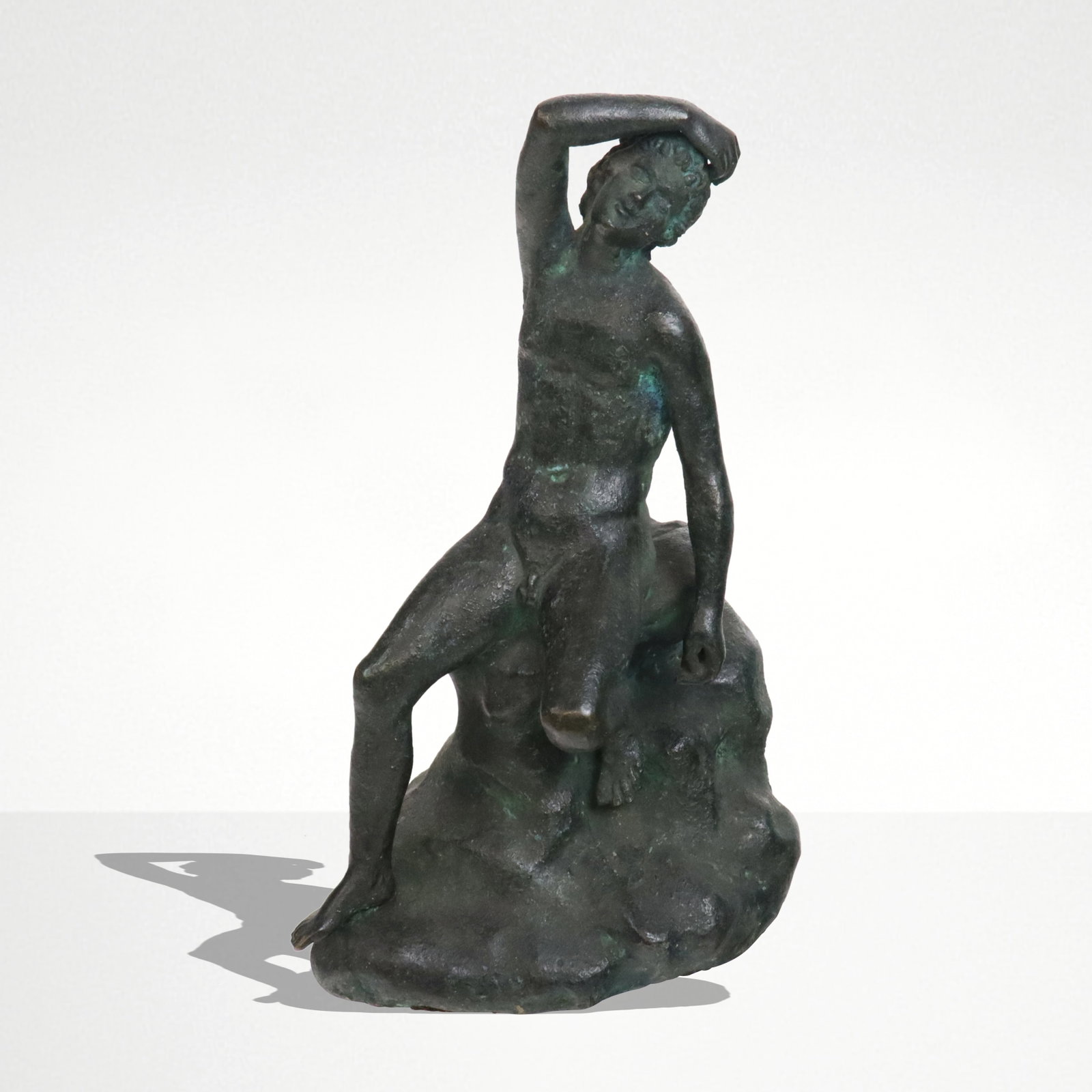 Grand Tour Bronze of a Seated Hermes: Grand tour bronze of a seated Hermes, 19th century, unmarked. [8" H x 4" W x 6" D]. Condition is good with patina and verdigris, likely previously with base.