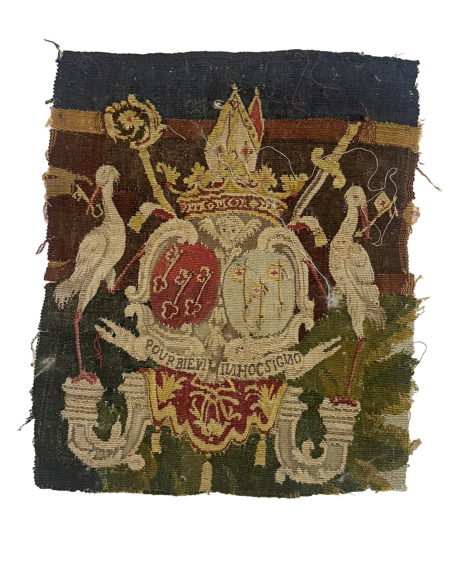 18th Century Flemish Silk/Wool Tapestry Fragment: Silk/wool coat of arms tapestry fragment, probably Flemish/Belgian, circa 1750, with shield enclosing a miter, putto head, oval medallion with three keys, oval medallion with standards, topped with a 