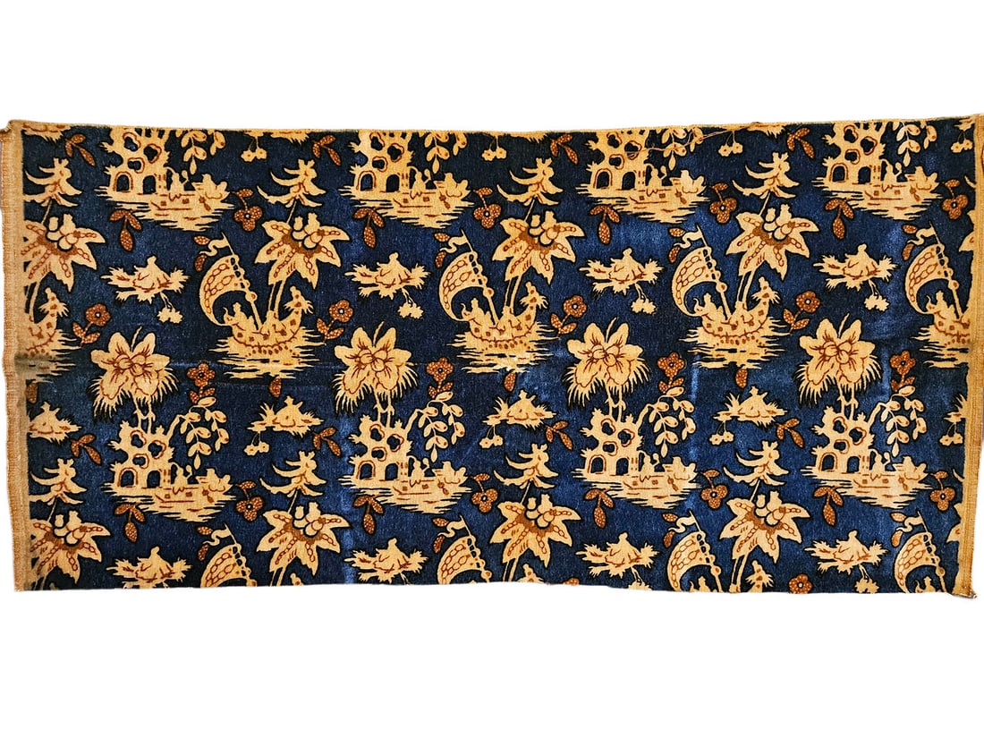 Group of 3 French Art Deco Velvet Fabric Samples: Group of three art deco velvet fabric samples, French, 1920s-1930s, including: a printed wool velvet sample with scattered islands with exotic structures and sailboats, both sprouting large flowers in
