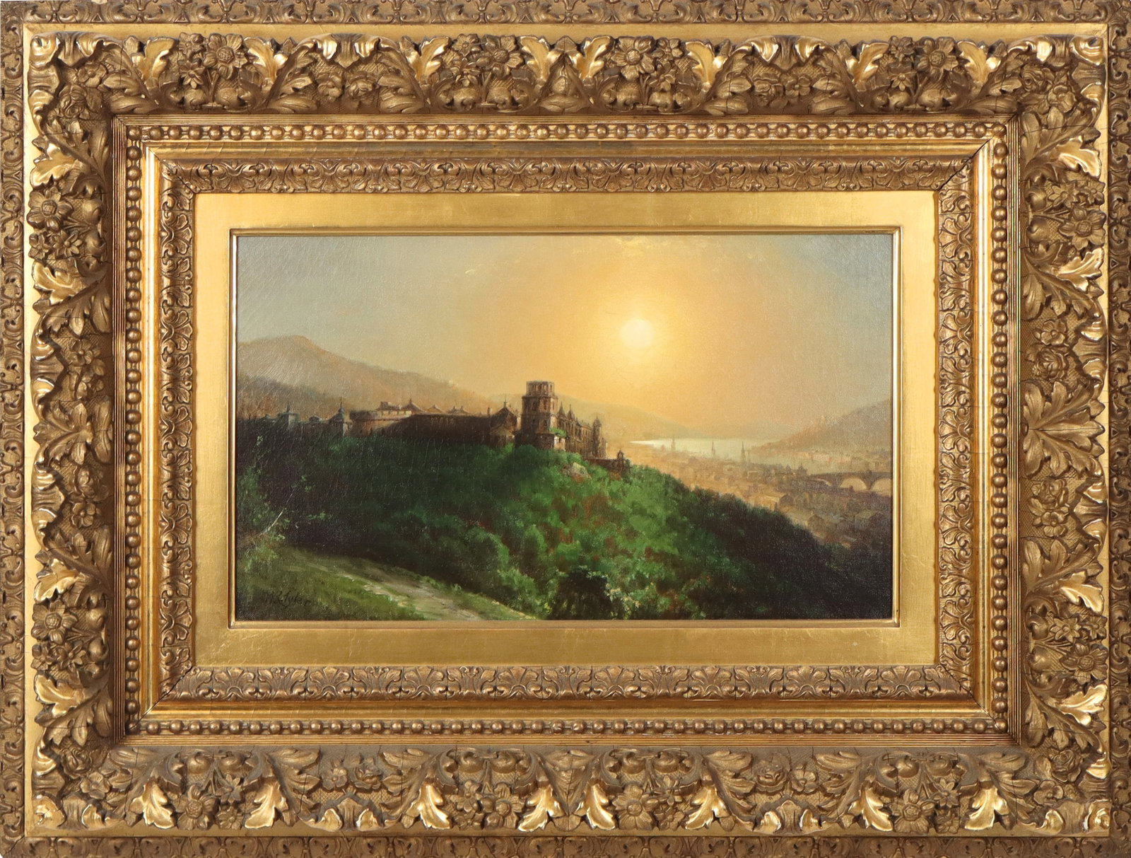 William R. TYLER "Old Heidelberg" Oil on Canvas: William R. Tyler (American, 1825-1896) "Old Heidelberg" oil on canvas, 1870, signed to lower left, in a frame, with D. Wigmore Fine Art label to verso. [Framed: 25" H x 33" W]. Condition is good.