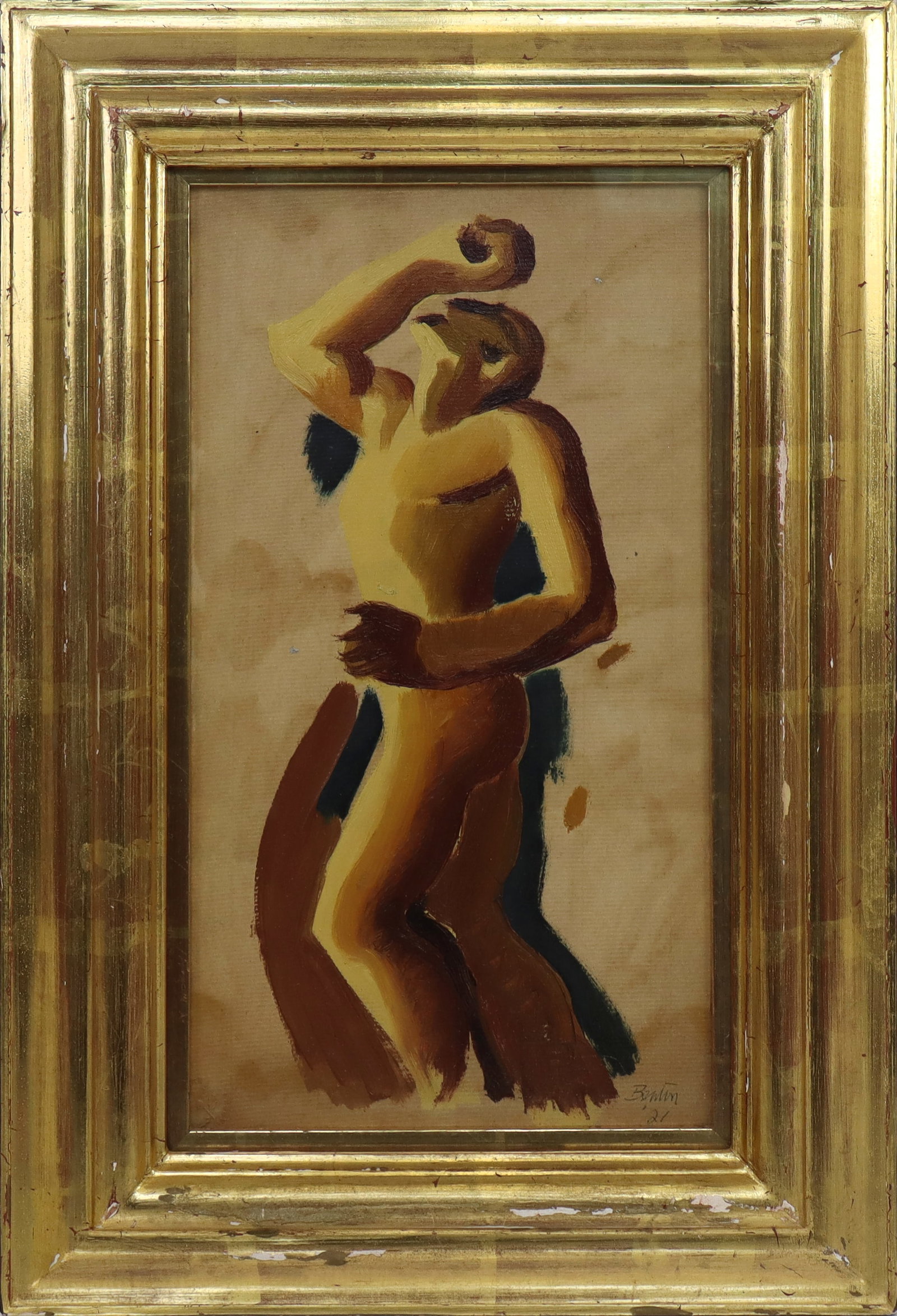 Thomas Hart BENTON Figural Oil on Paper: Thomas Hart Benton (1889-1975) oil on paper, "Sketch for Figure in American Epic," 1921, pencil signed "Benton" and dated lower right, with trademark stamp lower left, bearing labels to verso for Krau