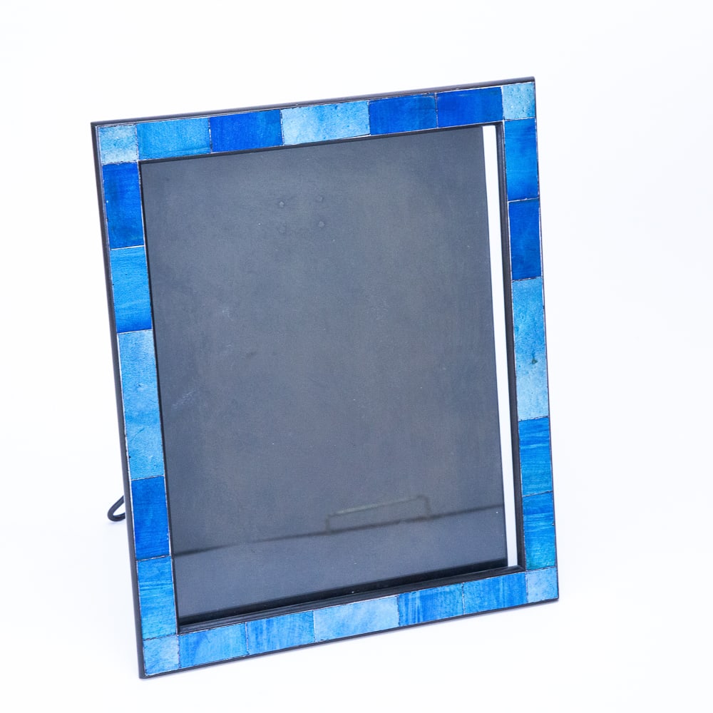 Tiffany Studios Favrile Tile & Bronze Frame: Tiffany Studios Favrile glass tile and bronze easel back picture frame, first quarter of the 20th century, in iridescent blue tiles, now fitted with glass, mark to back Tiffany Studios New York, beari